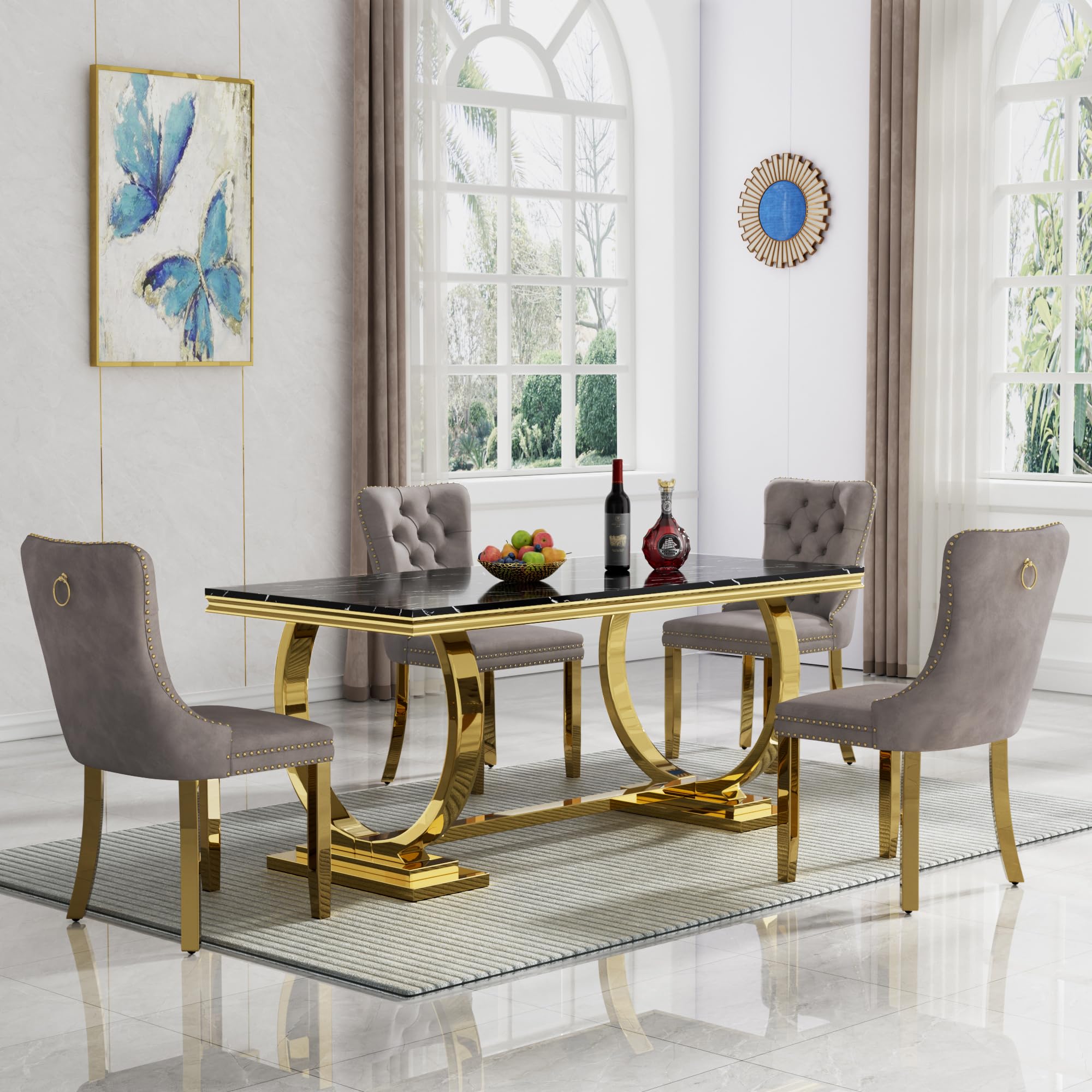 5 Piece Marble Dining Table Set for 4, Luxury 68"" Black Marble Gold Kitchen Table with 4 Grey Velvet Upholstered Chairs, Modern 4 Person Dining Room Table Set for Kicken Dining Office Room