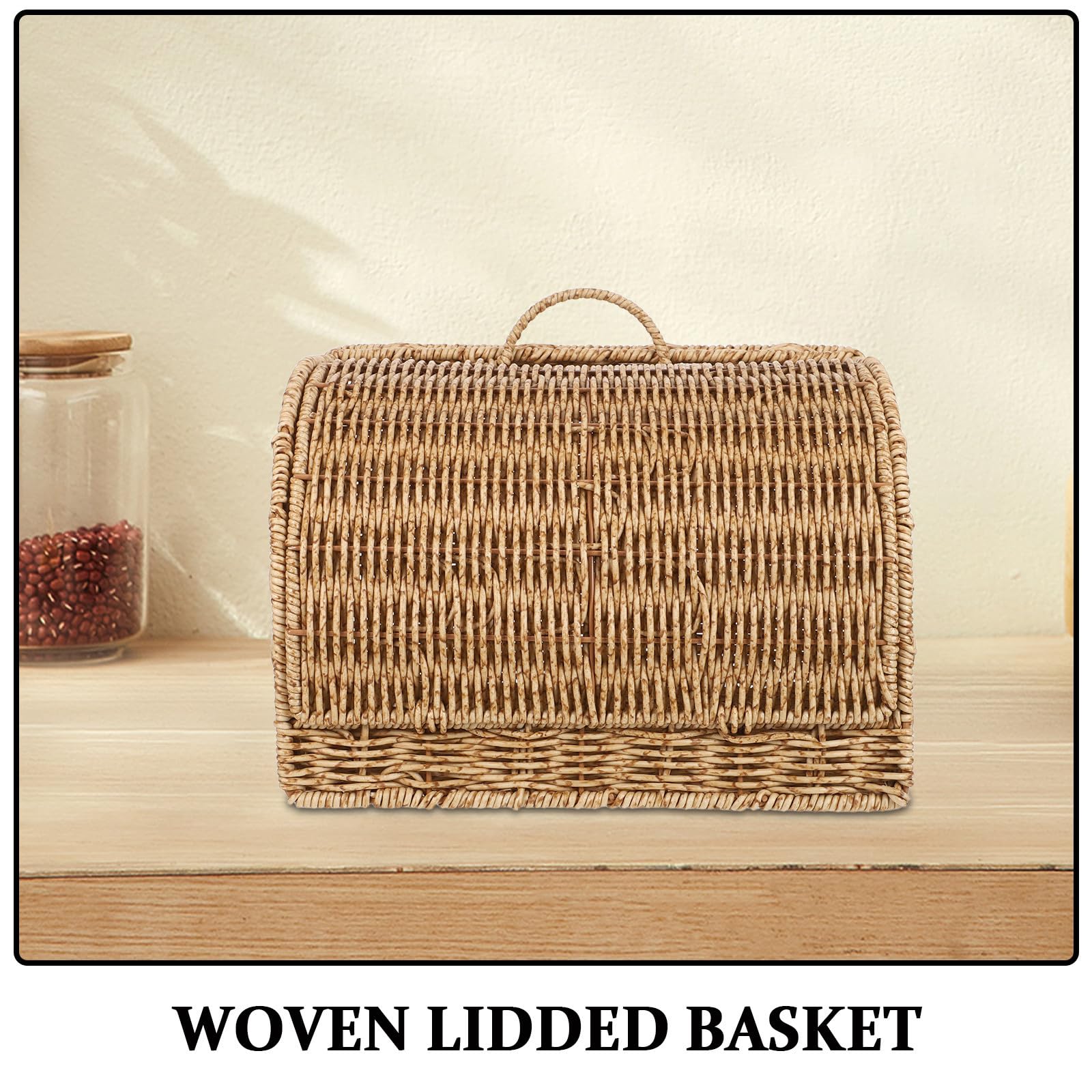 KALLORY Cestino Cucina in Finta Rattan con Coperchio 33, 5x23x19 Cm | Plastica Resistente, per Dispensa e Piano Lavoro, Adatto a Dolci e Snack, Uso Multiuso Ordinato