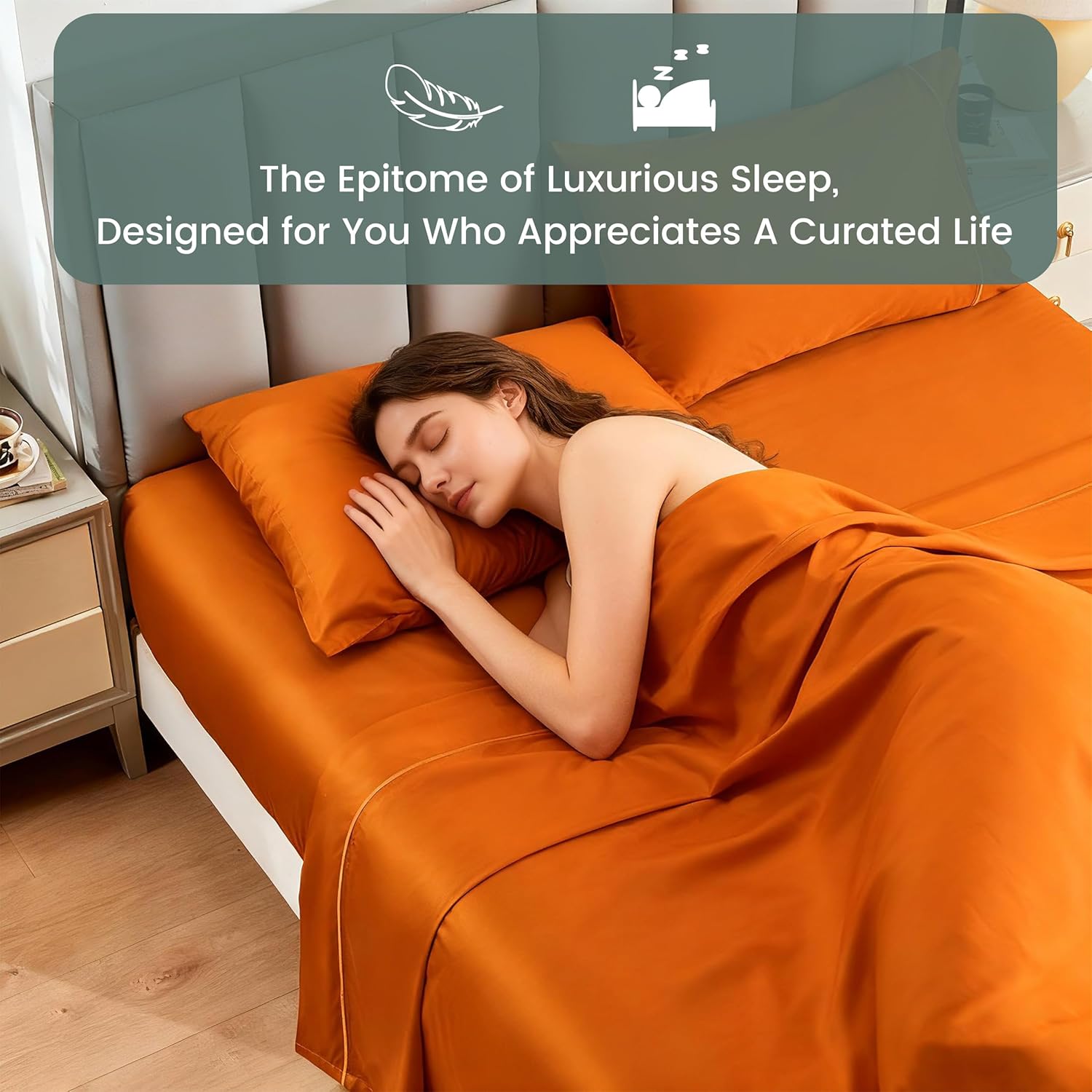 Simple&Opulence 100% Egyptian Cotton Sheet Set 400 Thread Count 4Pc Set Embroidery Design Long Staple Pure Soft Sateen Weave Bed Sheet - Orange, King Size