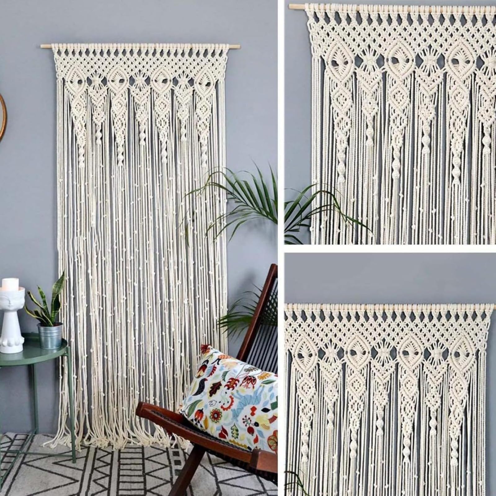 Cortina de puerta boho, tejida, 90 x 180 cm, 90 x 200 cm, 100 x 200 cm, algodón, encaje, macramé, tapiz para pared para boda, fondo, arco de ventana, decoración del hogar, Beige