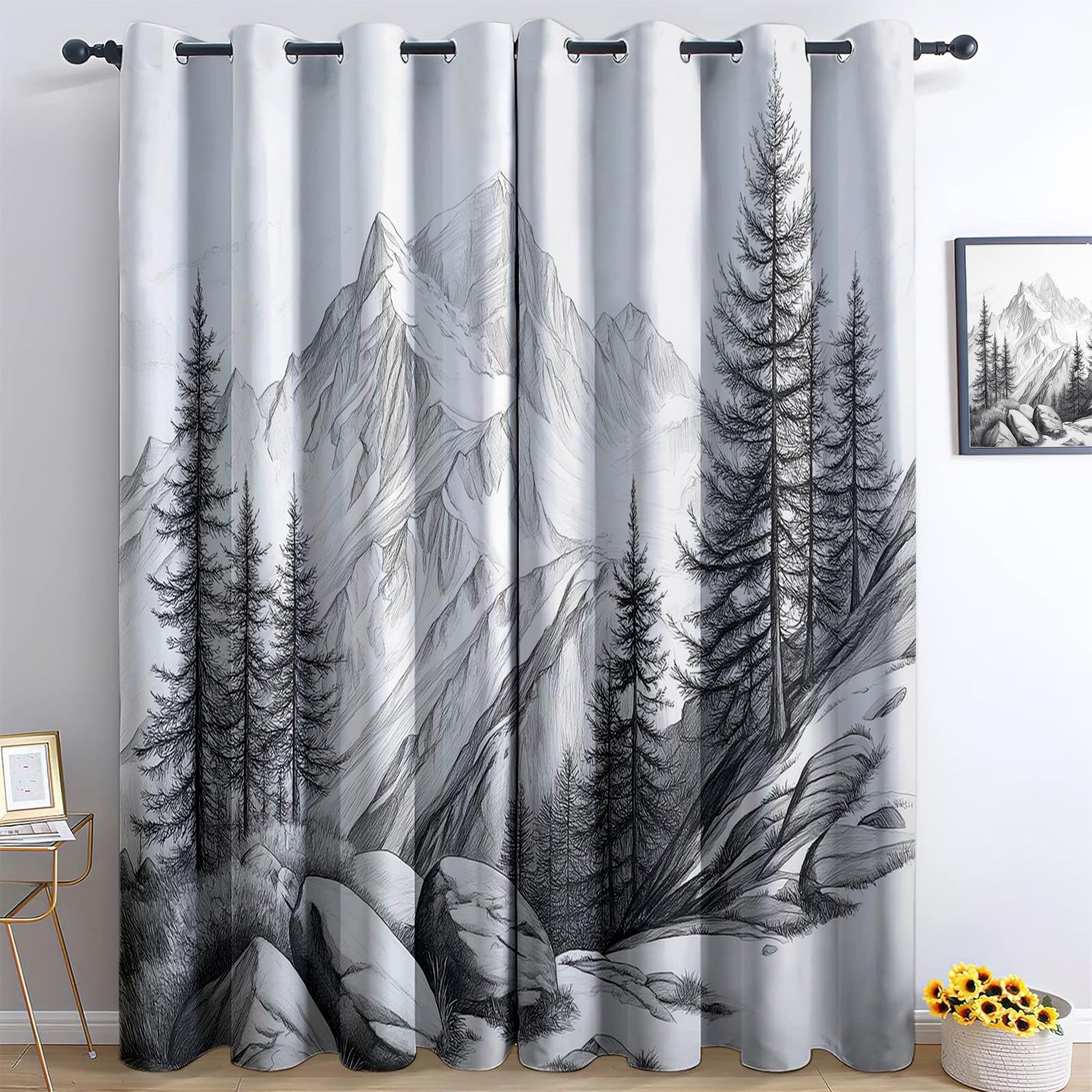Cortinas Opacas para Niños Dibujo a lápiz una montaña Suiza, Cortinas Térmicas Aislantes Frío Calor Reduccion Ruido Proteccion Intimidad para Hogar Dormitorio Infantil, 2x140x245 cm