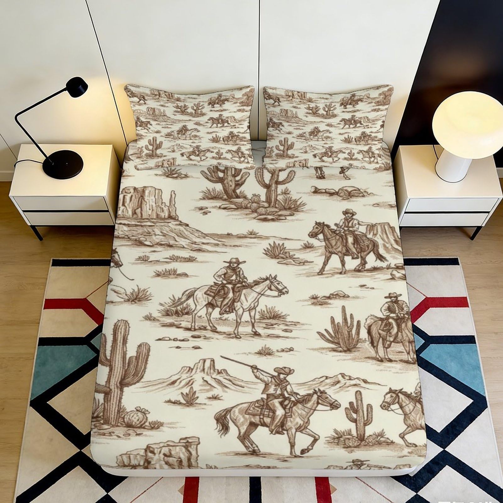 3D Printed Western Cowboy Desert Fitted Sheet Microfiber Soft Breathable Cactus Horse Bed Cover Bedroom Decor 90x200x25cm