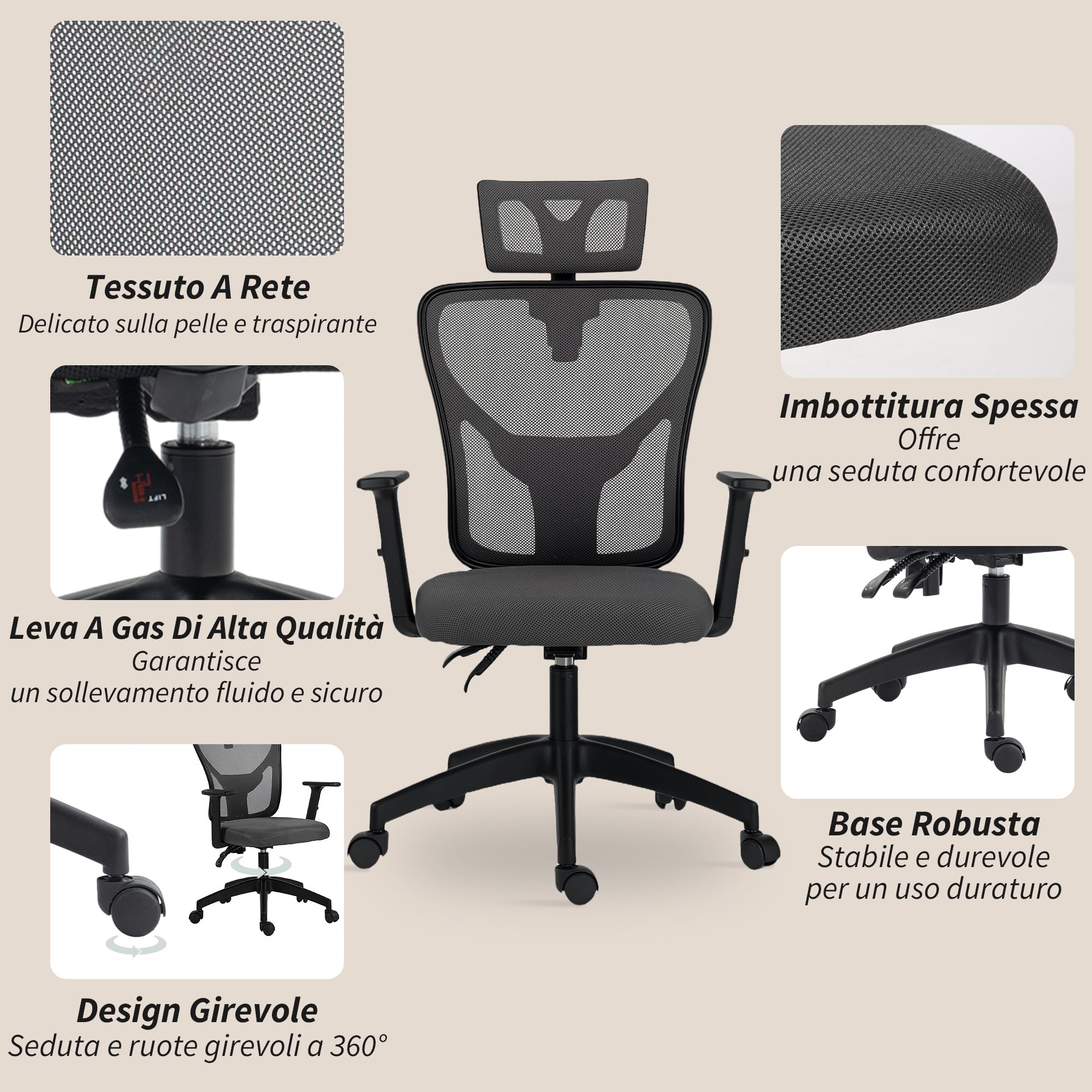 Vinsetto Sedia Ufficio Ergonomica 106-116cm Altezza Regolabile Grigio Scuro