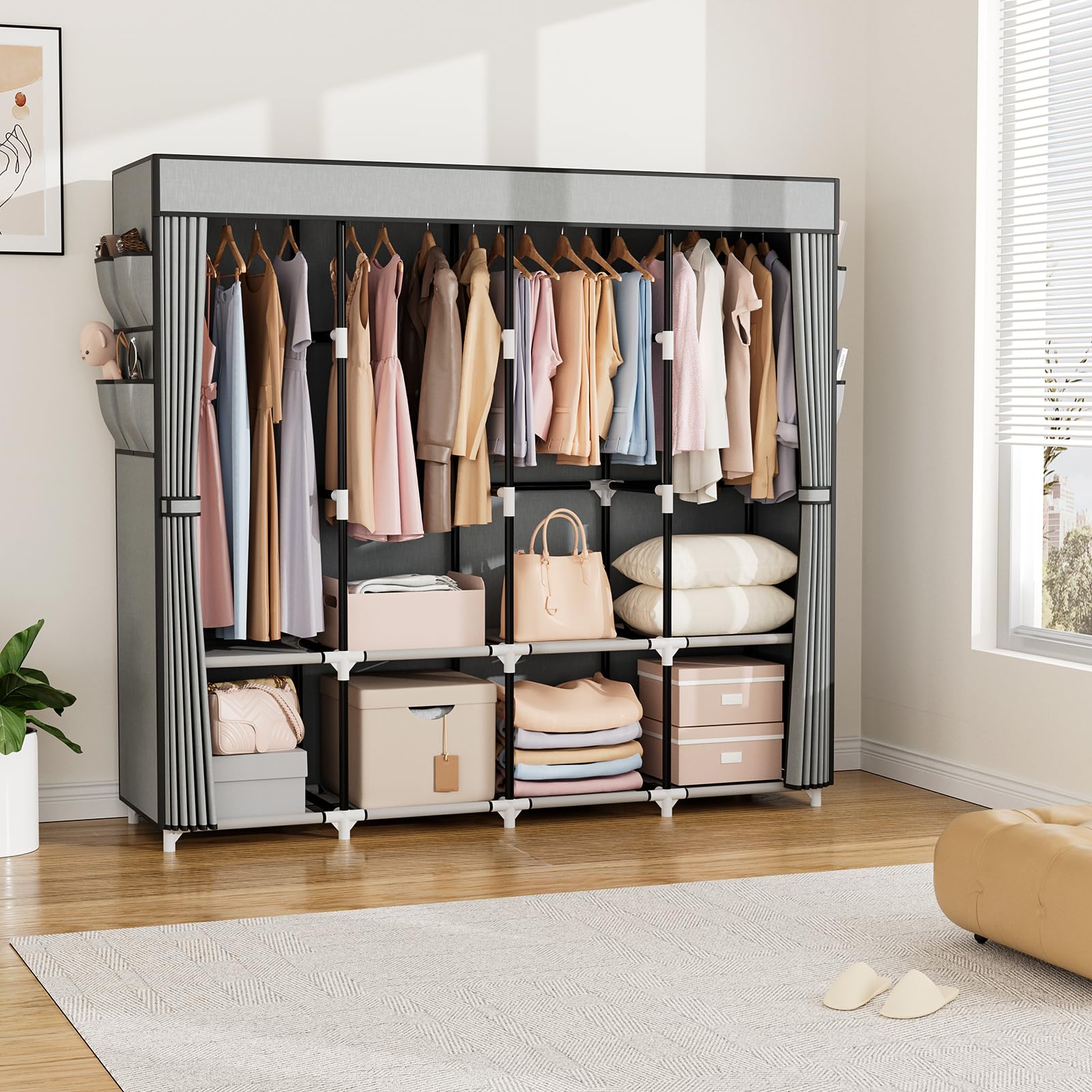 VTRIN Tragbarer Kleiderschrank, 170 cm breit, großes Fassungsvermögen, tragbar, mit Abdeckung, 4 Ablageböden und 4 Hängestangen, robuster Schlafzimmerschrank, Grau