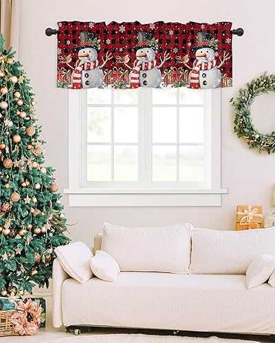 Miniatura 7 de Cenefa de cocina de muñeco de nieve de Navidad, cenefas de ventana de búfalo rojo y negro, cortinas cortas con bolsillo para barra, cenefas de