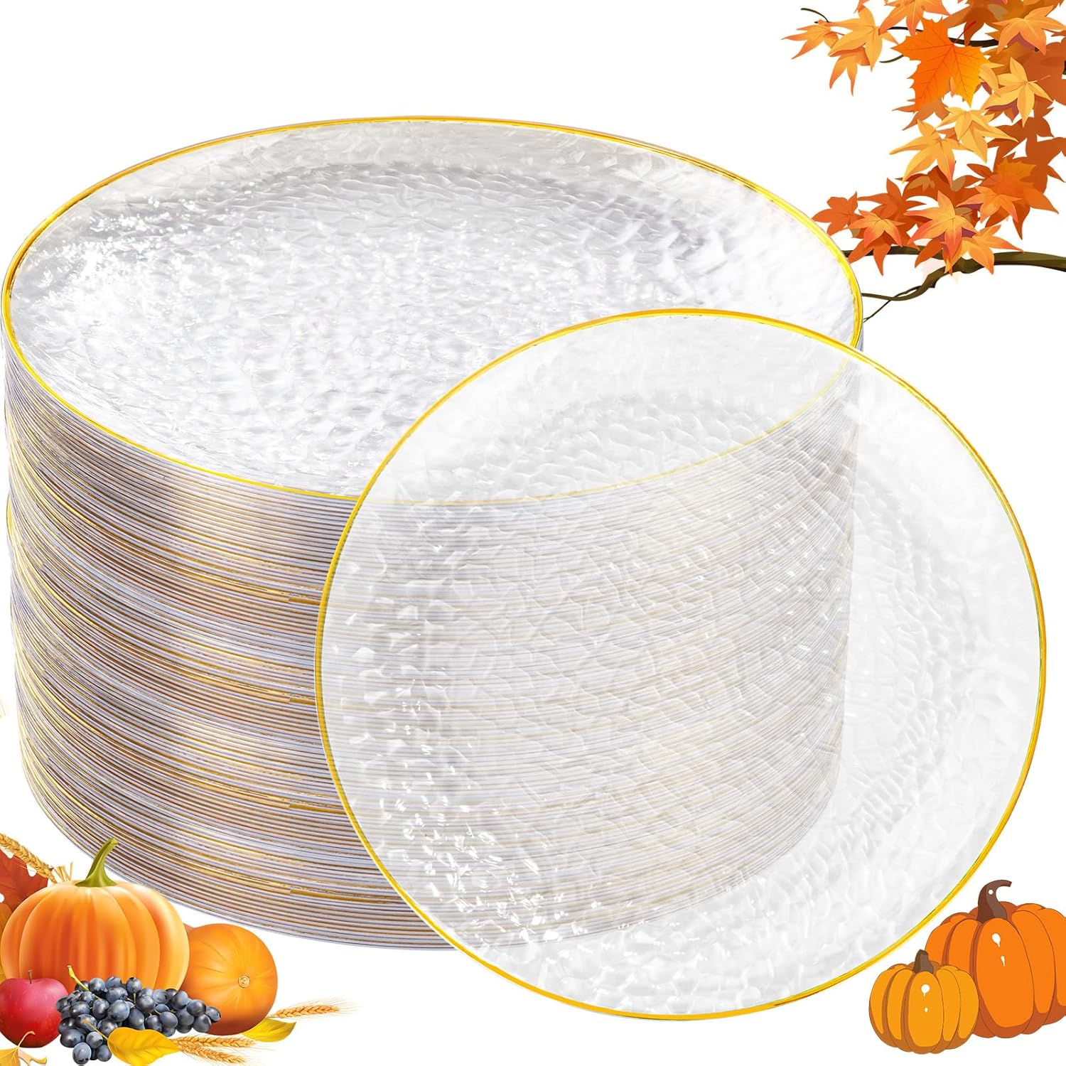 Rubtlamp 100 Pcs Gold Thanksgiving Plastic Plates - 10 inch Clear Gold Dinner Plates - Hammer Pattern Design - Fancy Disposable Plate - Heavy Duty Party Friendsgiving Plate Ideal for Thanksgiving 100 clear gold