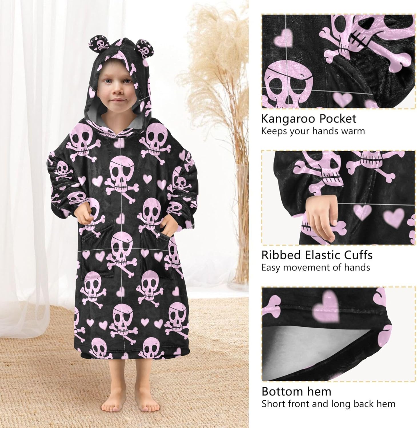 Skull Kids Wearable Blanket Hoodie with Pocket and Sleeves for Toddlers, Cute Hoodies 3-14 Year Girls Boys B0405380