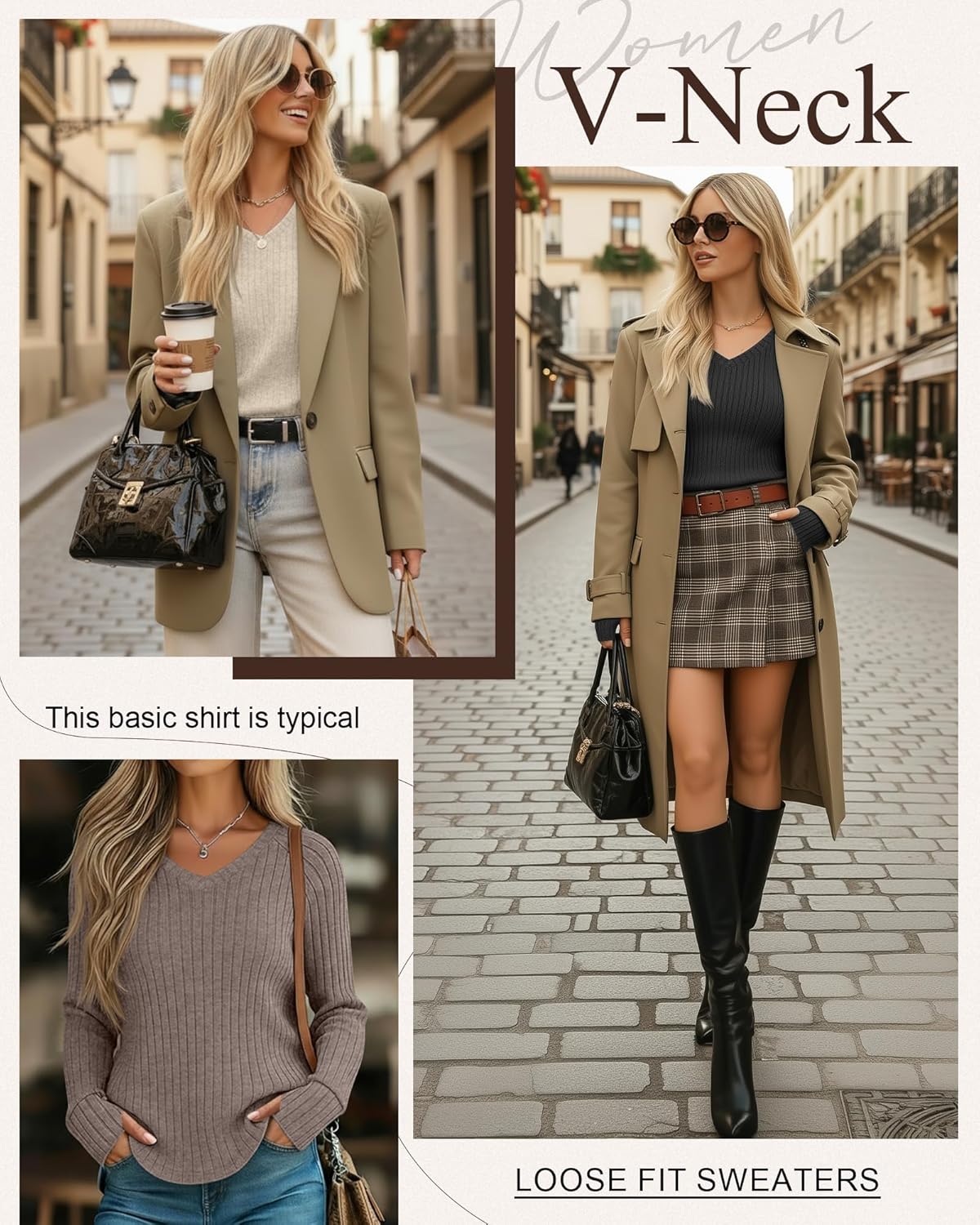 3 Pack Women's V Neck Sweaters with Thumb Holes Ribbed Long Sleeve Shirts Casual Fall Tops Tunic Clothes - Image 3