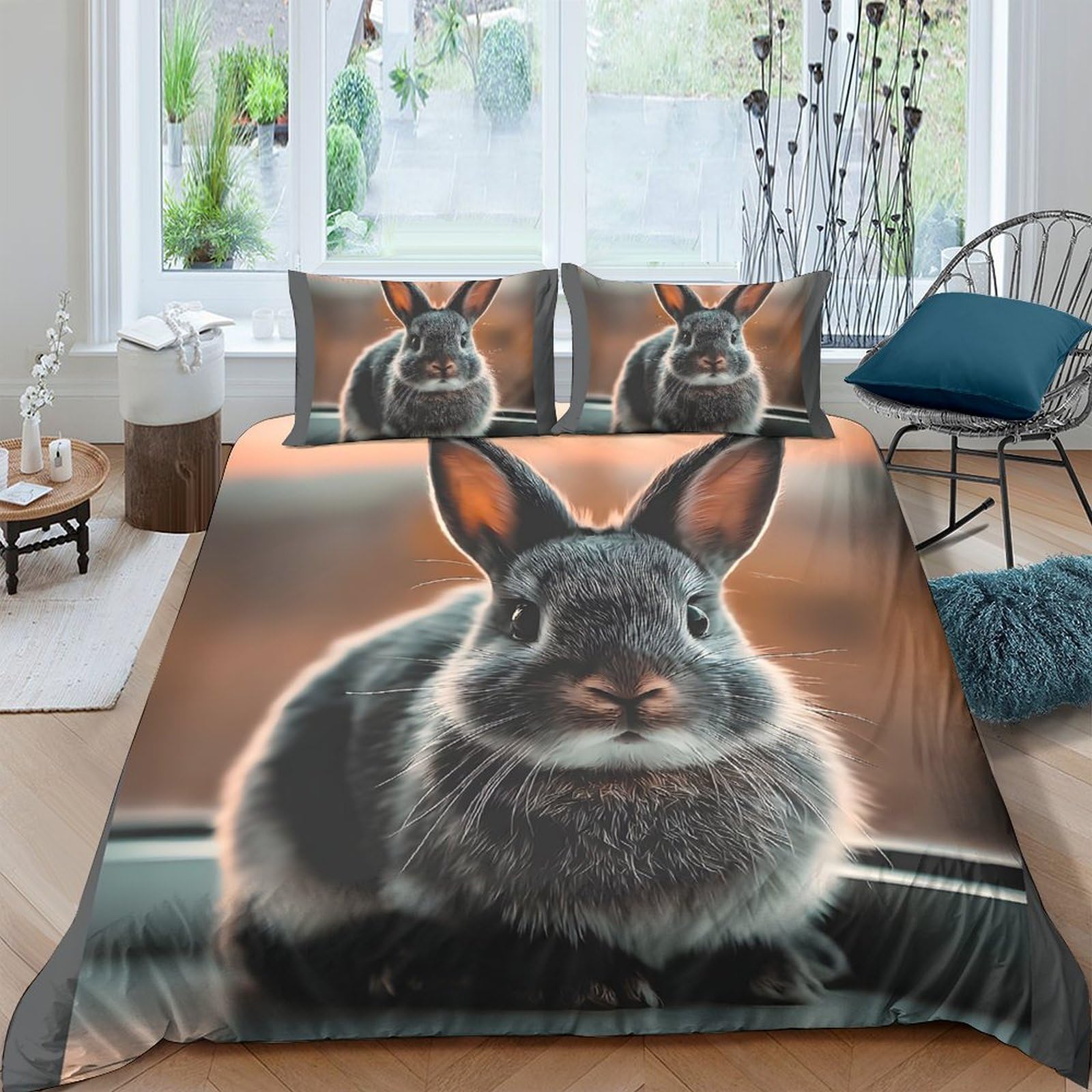 GPLZQXKJNH 3D Printed Black Bunny Duvet Cover Microfiber Soft Breathable Rabbit Bedding Set with 2 Pillowcases for Bedroom Decor Single（135x200cm）