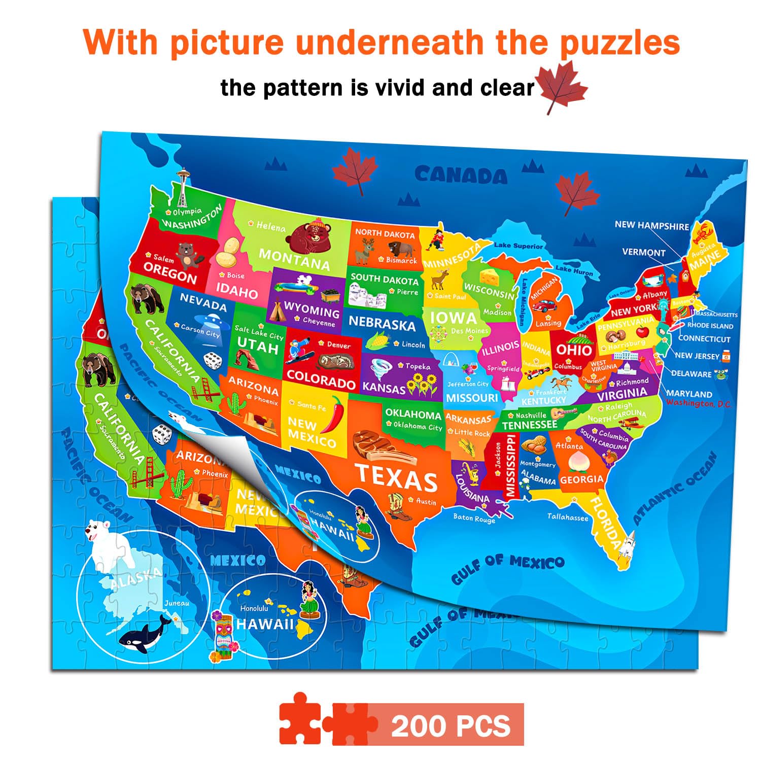 Puzzles für Kinder im Alter von 6-8 Jahren 8-10 - 200 Teile Vereinigte Staaten und USA Puzzle | Lernspielzeug in den USA, buntes Kinderpuzzle für 6, 7, 8, 9, 10, 11, 12 Jahre, Jungen und Mädchen. Urlaubsgeschenke