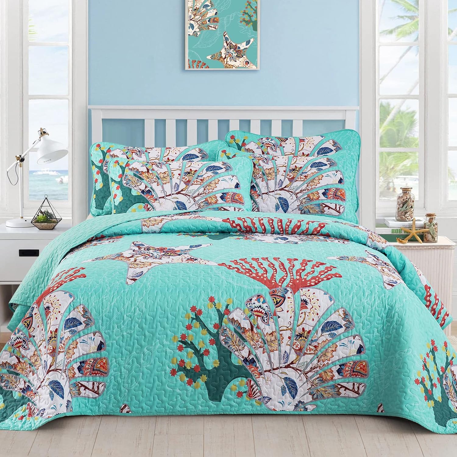 DJY 3 Pieces Quilt Set King Coastal Boho Quilt Coverlet Set Starfish