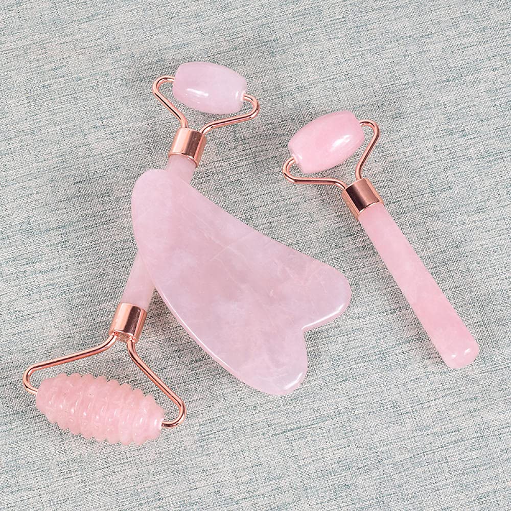 Rullo di quarzo rosa dimagrante per la cura del viso Gua Sha SHA Set di pietra naturale-4 pezzi
