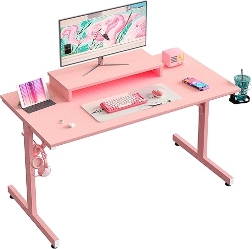 Miniatura 9 de Bestier Escritorio pequeño para juegos con soporte para monitor, escritorio LED para computadora de 42 pulgadas, estación de trabajo para jugadores