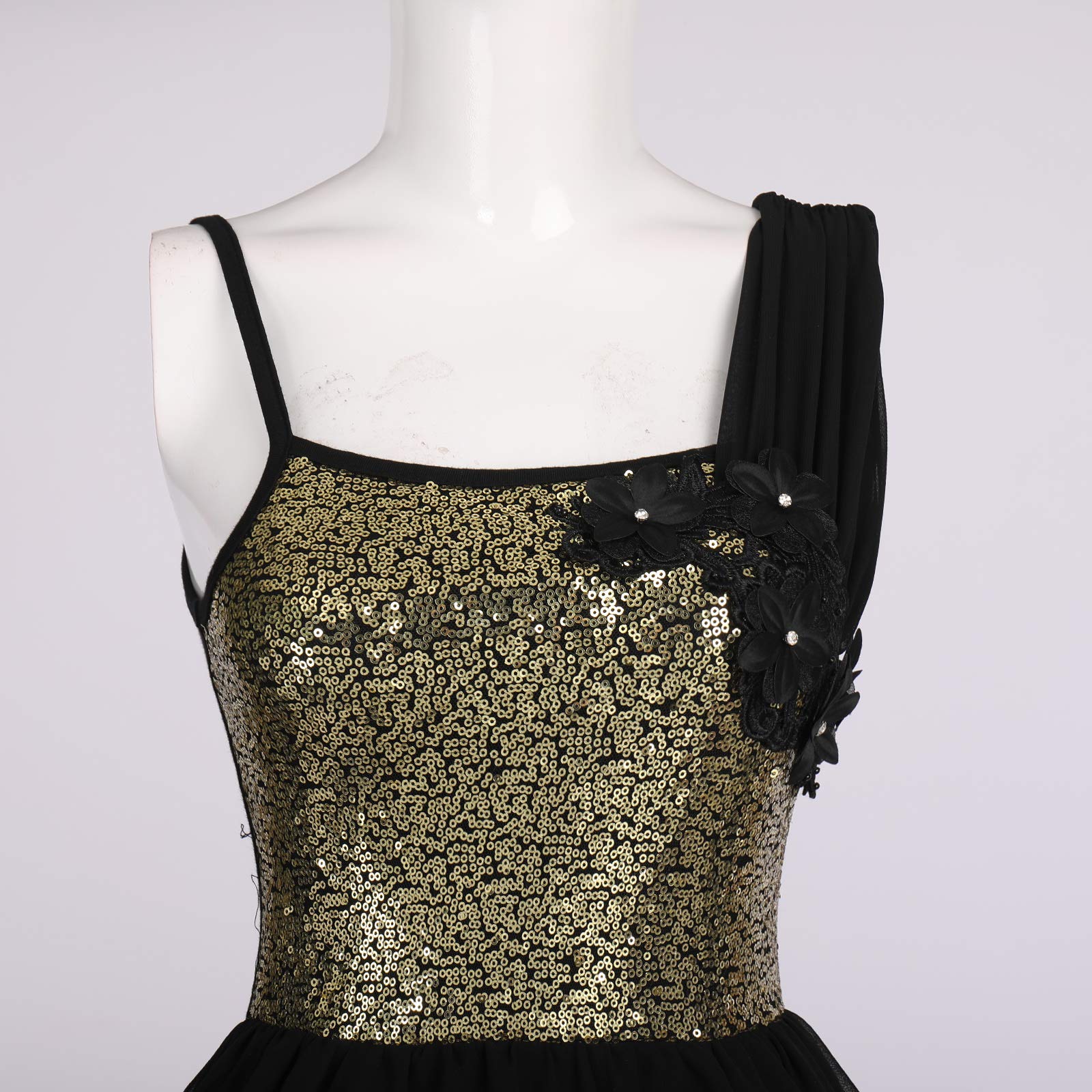 ODASDO Lyrisches Tanzkleid für Damen, modernes zeitgenössisches Ballettkostüm, glänzende Pailletten, Spaghettiträger, Chiffon, Tanzkleidung