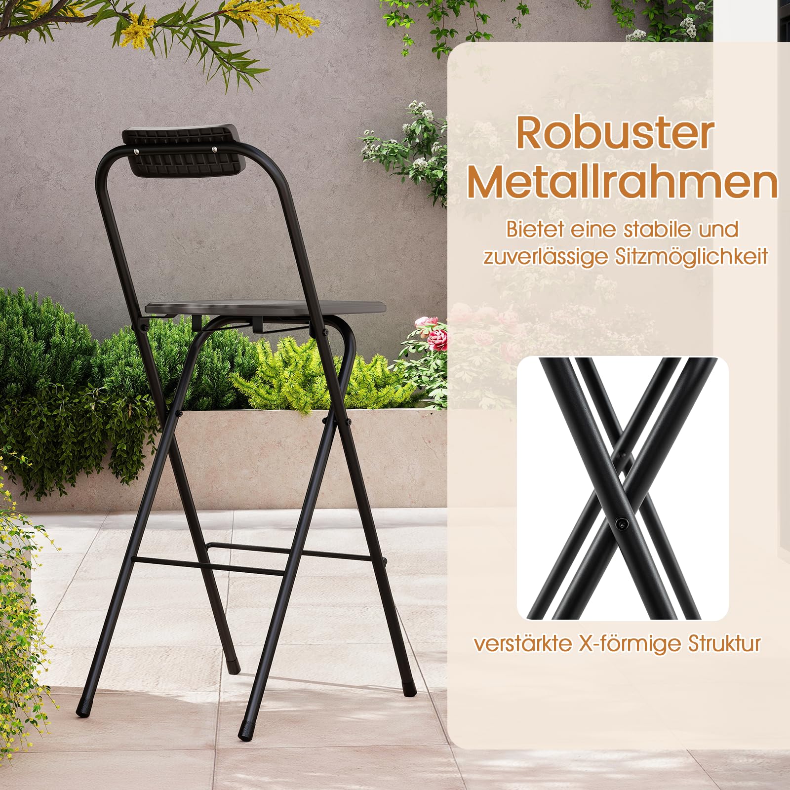 COSTWAY Barhocker Outdoor 2er Set, klappbare Barstühle mit Rückenlehne und Fußstütze, Tresenhocker bis zu 150 kg belastbar, Sitzhöhe 70 cm, Gartenstühle für Balkon, Garten, Terrasse (Grau)
