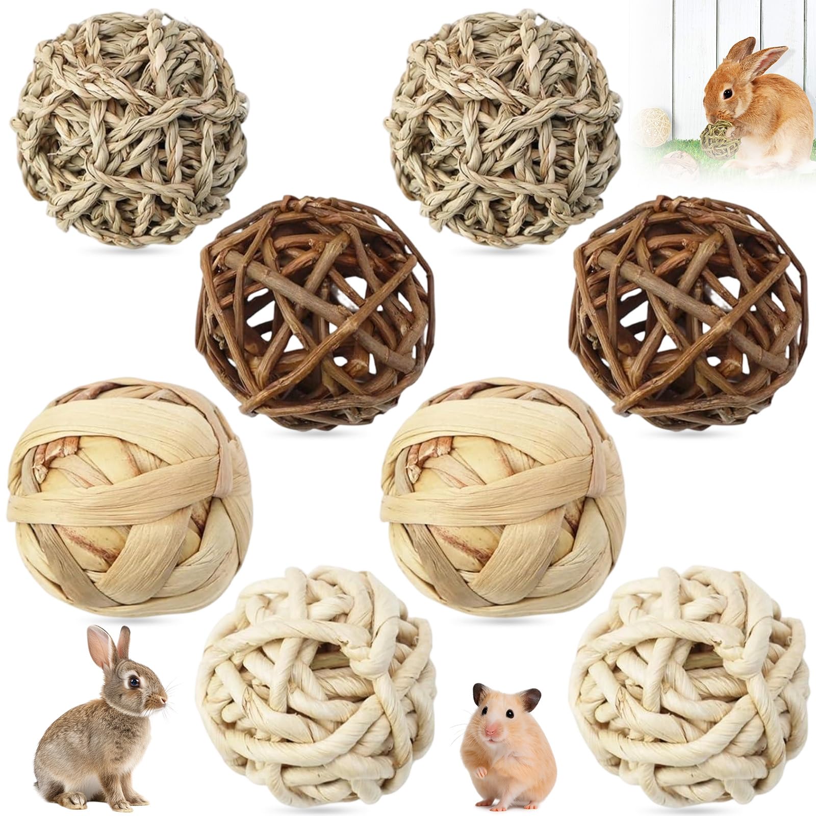 8Pcs Rabbit Toys, Pets Guinea Pig Rolling Chew Toy Natural Grass Hamster Ball, Small Animal Activity Play Decoration Wicker Chew Rattan Balls for Bunny Rabbits, Chinchilla, Squirrels, Rats, Mice