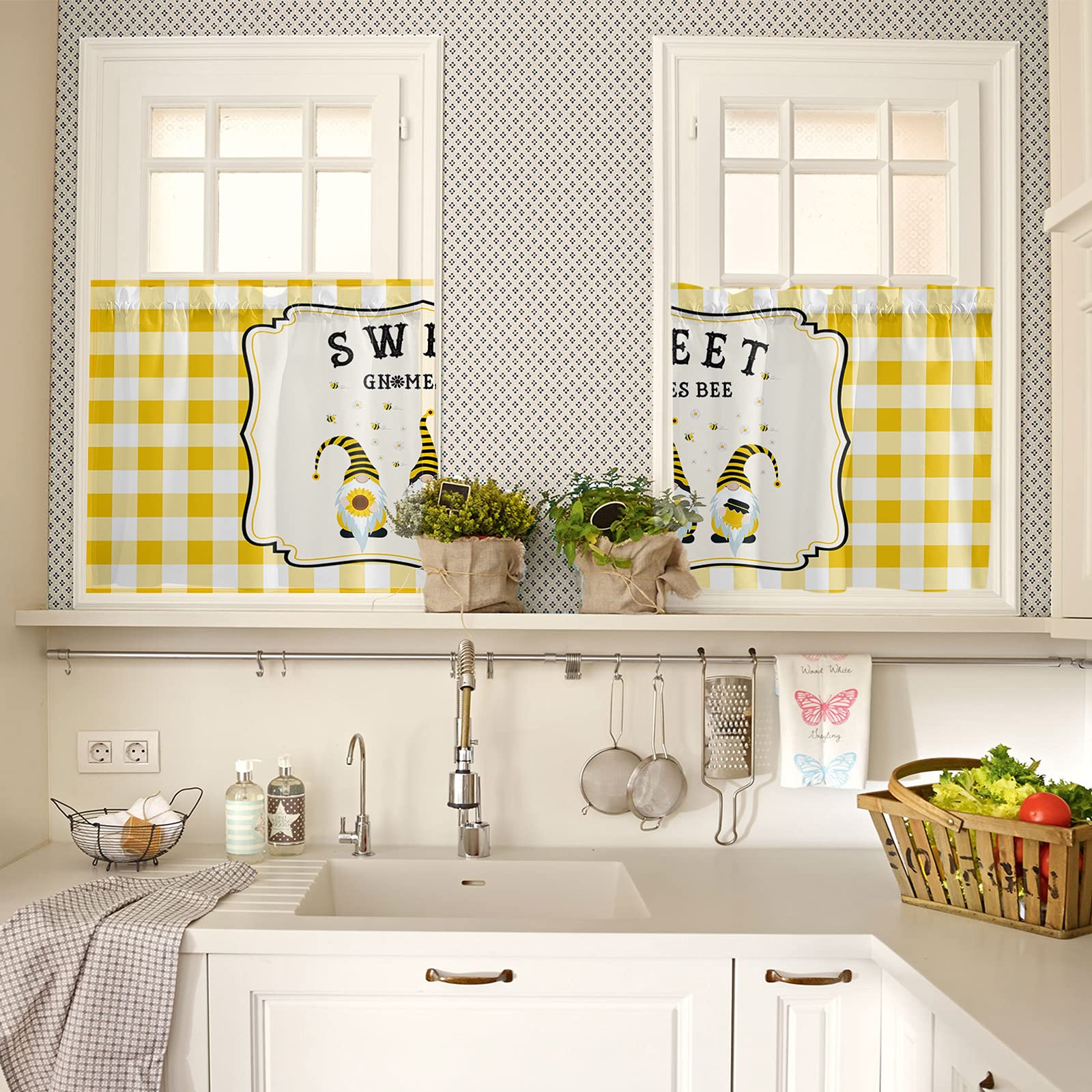 Window Curtain Panels Set of 2, Summer Sweet Gnome Bee Rod Pocket Curtain Drapes for Kitchen Bedroom Living Room, Machine Washable Drapery Window Valances, 27.5x24inch, Yellow Buffalo Plaid Checkered