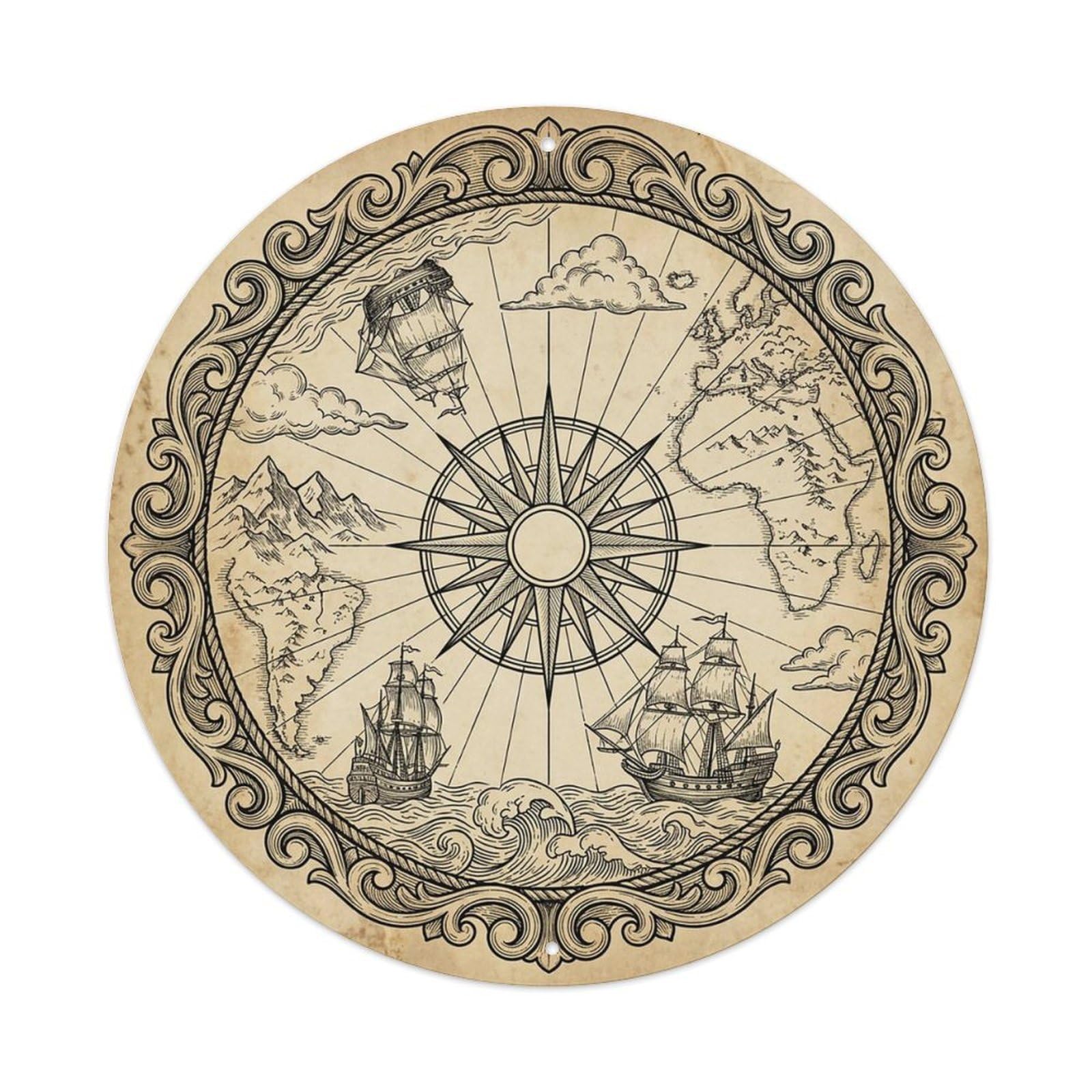Vintage Nautical Compass World Map Sailor Legacy Metal Tin Sign