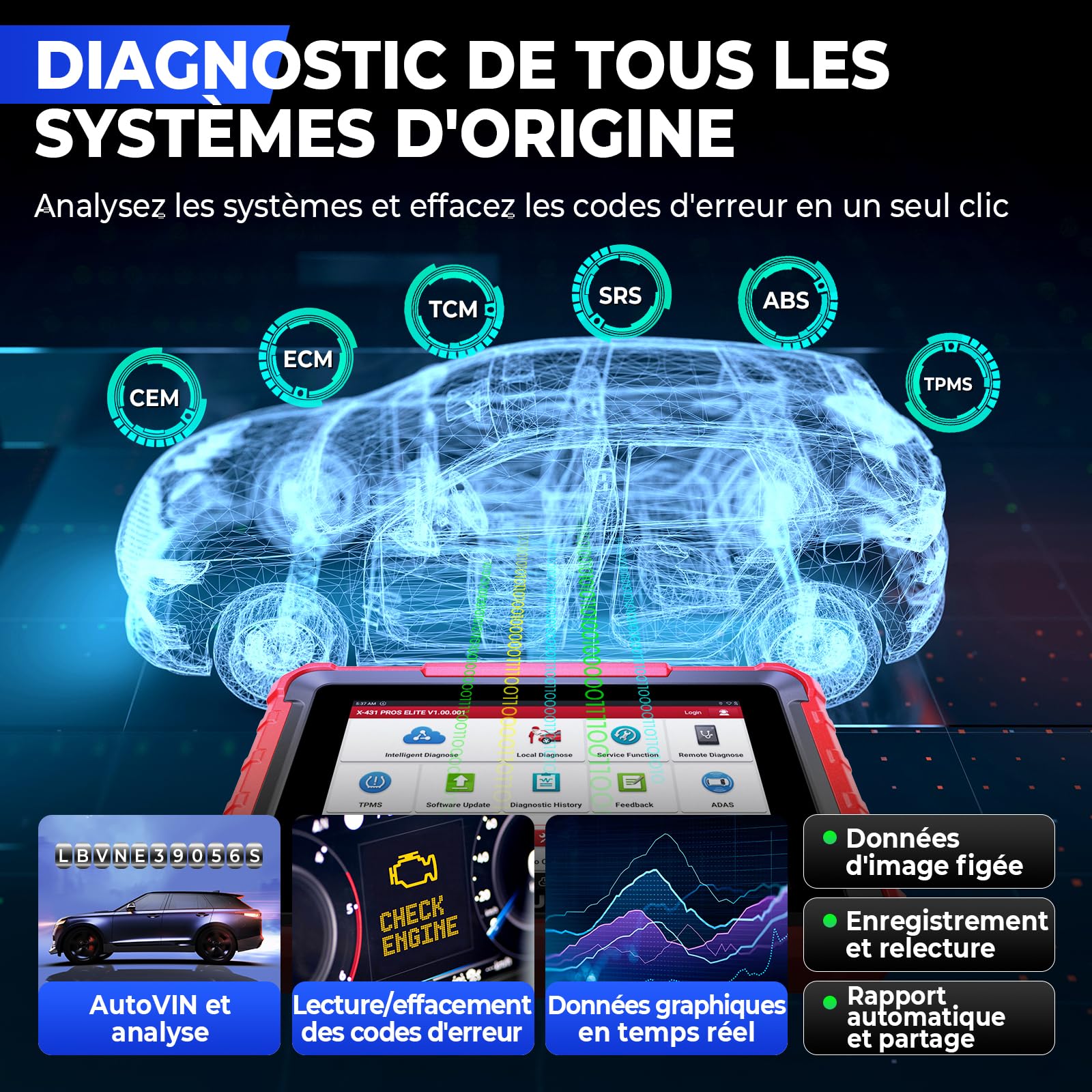 LAUNCH X431 Pros Elite Valise Diagnostic Auto, Bi-directionnel, Codage en Ligne de l'ECU, Diagnostic Complet du Système, 45+ Services de Réinitialisation, CANFD DOIP, FCA, Mise à Jour de 2 Ans
