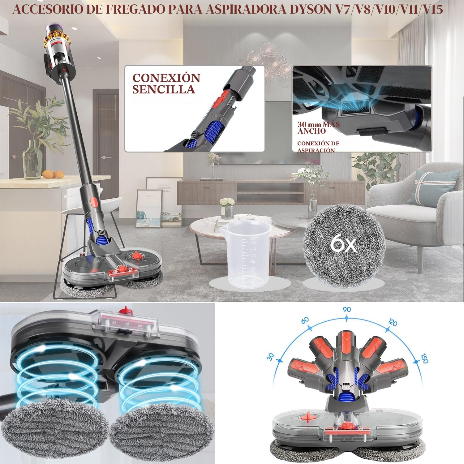 Eléctrica Cabeza de Mopa Accesorio Reemplazo Compatible con Dyson V7 V8 V10 V11 V15, Cabezal de Trapeador Eléctrica, con 150 ml Tanque de Agua con 6 Almohadillas de Trapeador