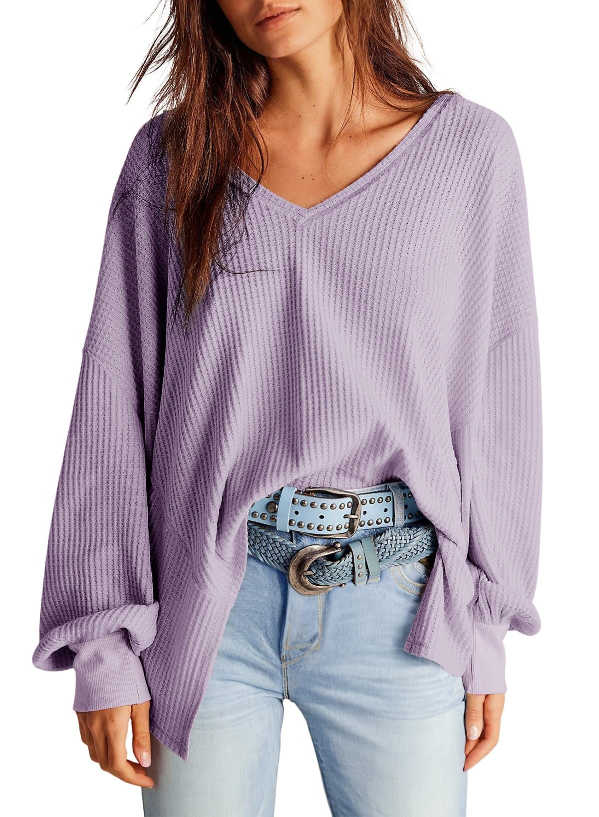 Dokotoo Womens Waffle Knit Tops Fashion 2026 Long Lantern Sleeve Casual Blouses V Neck Oversized T Shirts