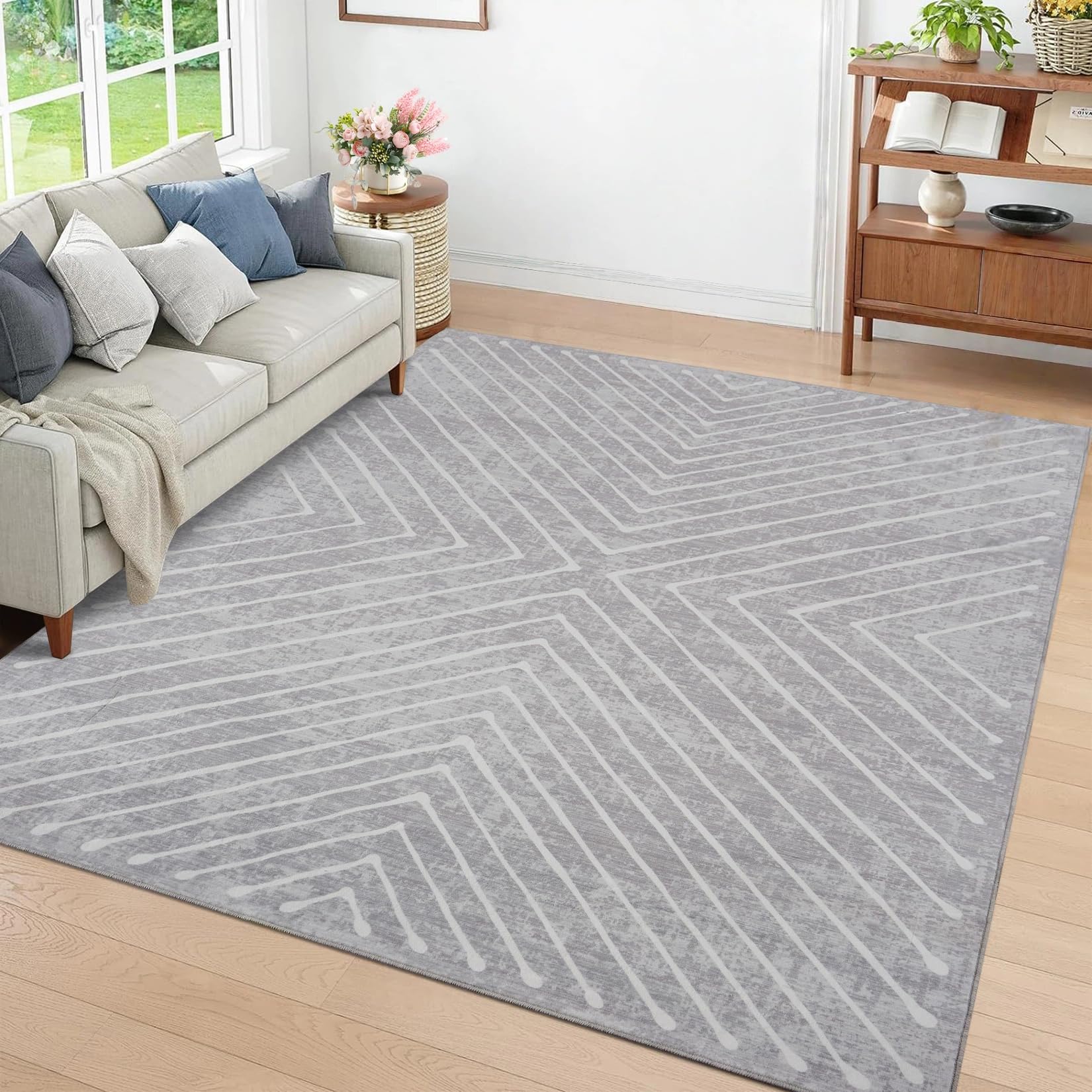 LuxFocus Waschbare Teppiche Wohnzimmer, Moderne Geometrische Große Teppiche, Zeitgenössischer Gestreifter Schlafzimmerteppiche, Weicher Kurzflor-Teppich Für Kinderzimme