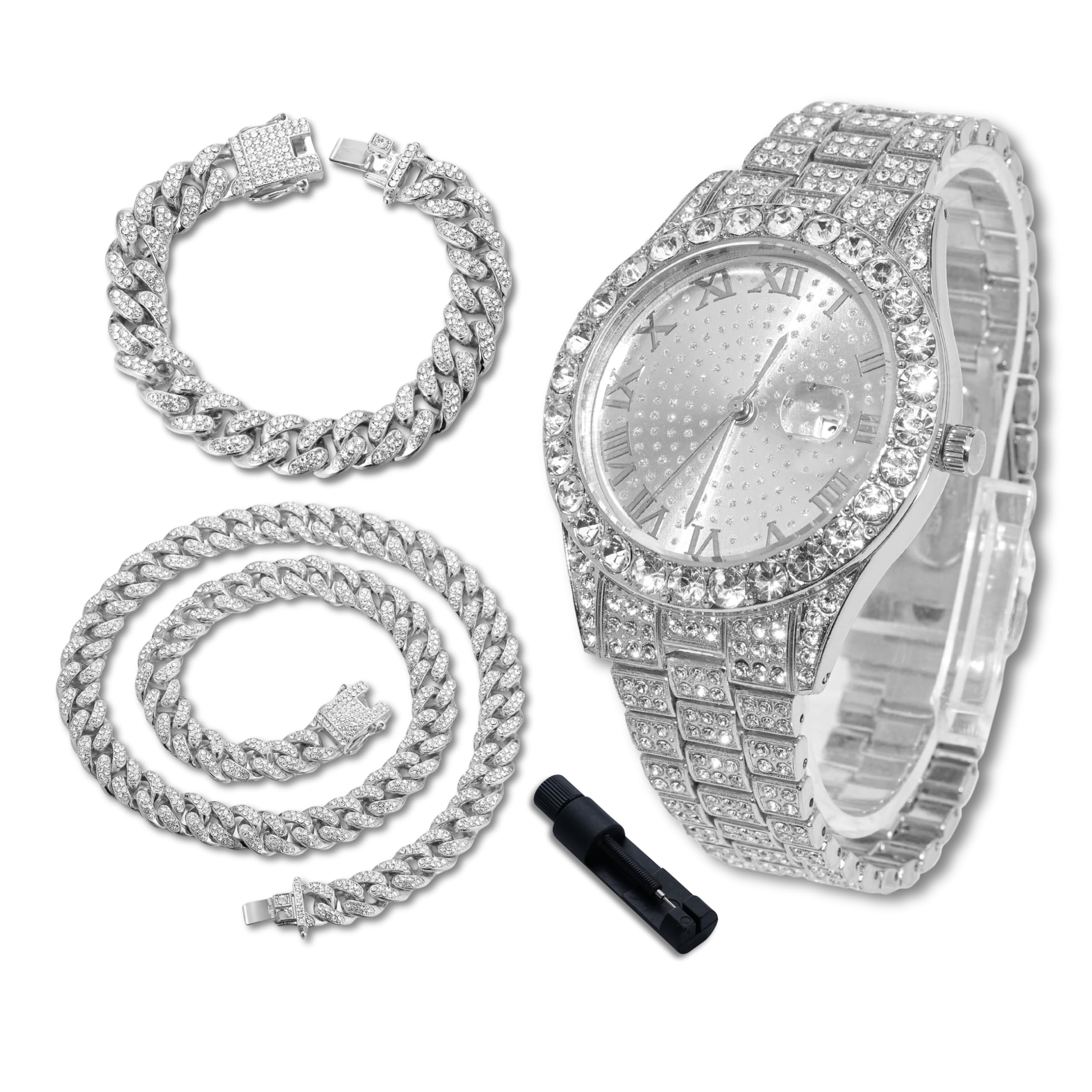 Orologio di lusso con diamanti per bambini e adolescenti, placcato oro 18 carati, quadrante rotondo da 43 mm, strumento di regolazione incluso, opzionale con catena cubana