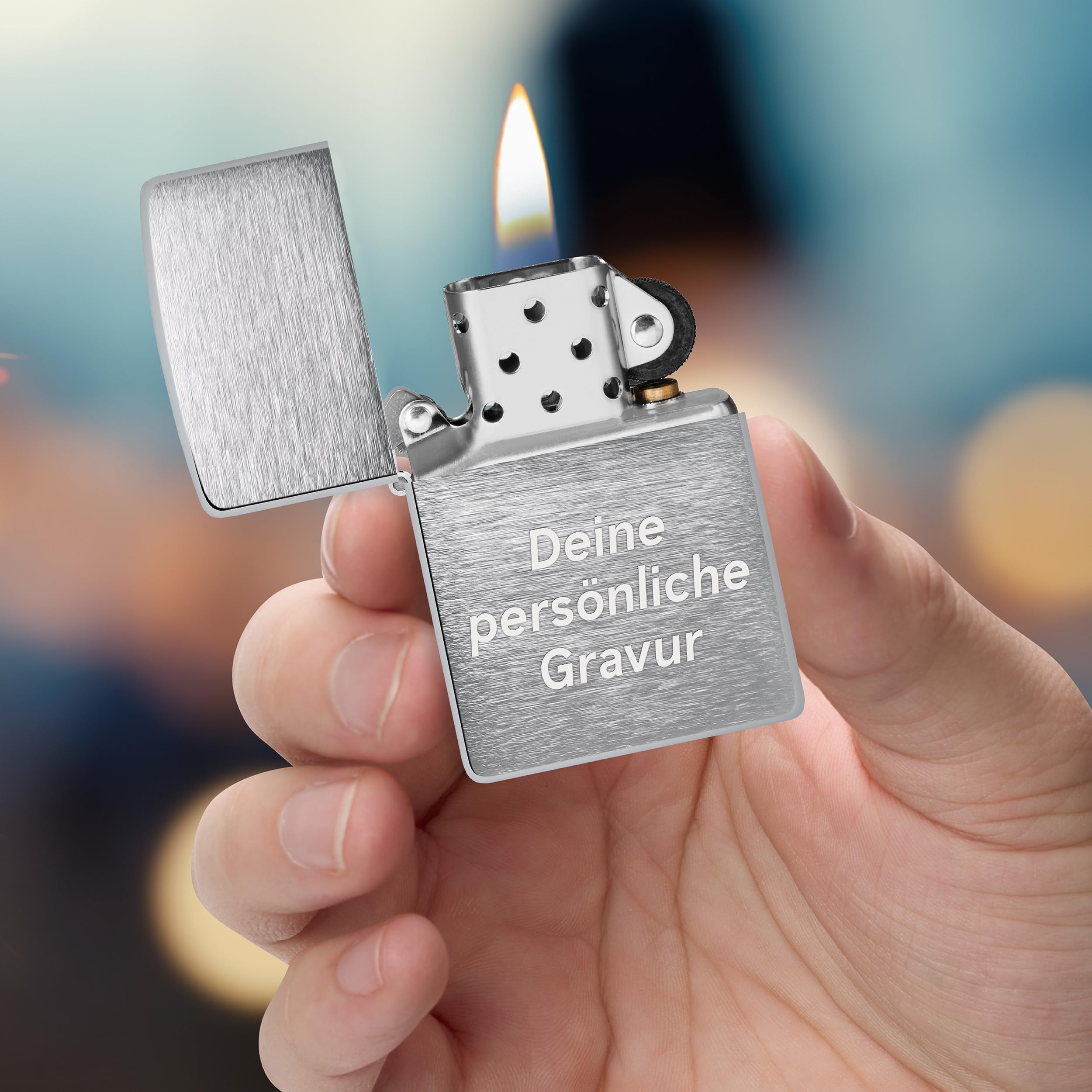 Zippo Sturmfeuerzeug mit Gravur – Brushed Chrome – Personalisiert mit Wunschtext – Nachfüllbar - Wiederverwendbar – Windfest