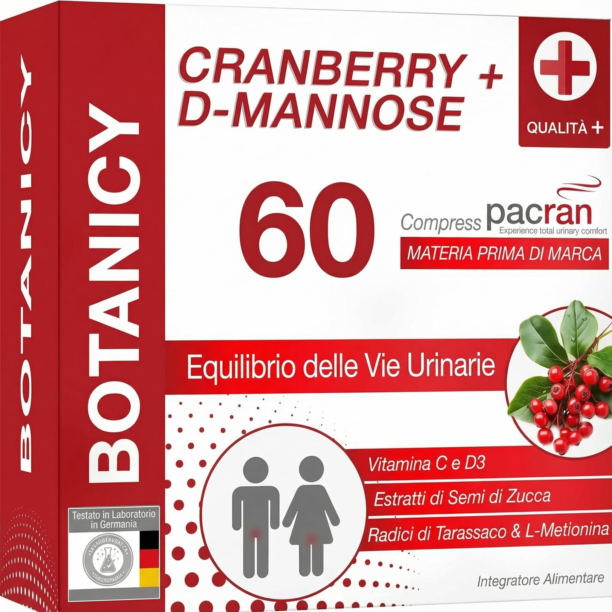 Botanicy MIRTILLO ROSSO + D-MANNOSIO - 60 compresse - supporta vescica & vie urinarie - pacran® polvere di mirtillo rosso, vitamina C e D3, estratto di semi di zucca & radice di tarassaco