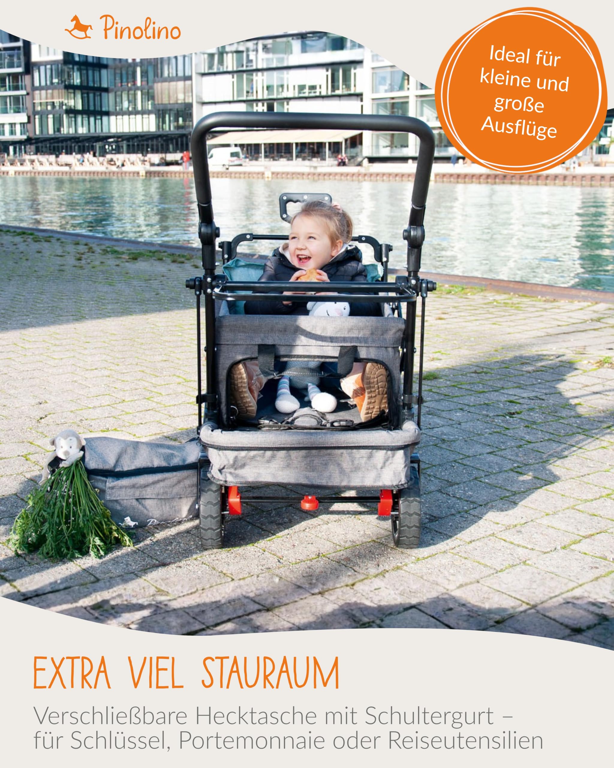PINOLINO AddPlus Bollerwagen faltbar mit Bremse – Transportwagen mit Schutzhülle, höhenverstellbarer Schiebegriff, All-Terrain PU-Reifen, Stahlachsen, 80 kg Tragkraft, Ladefläche 120×56×67 cm, grau