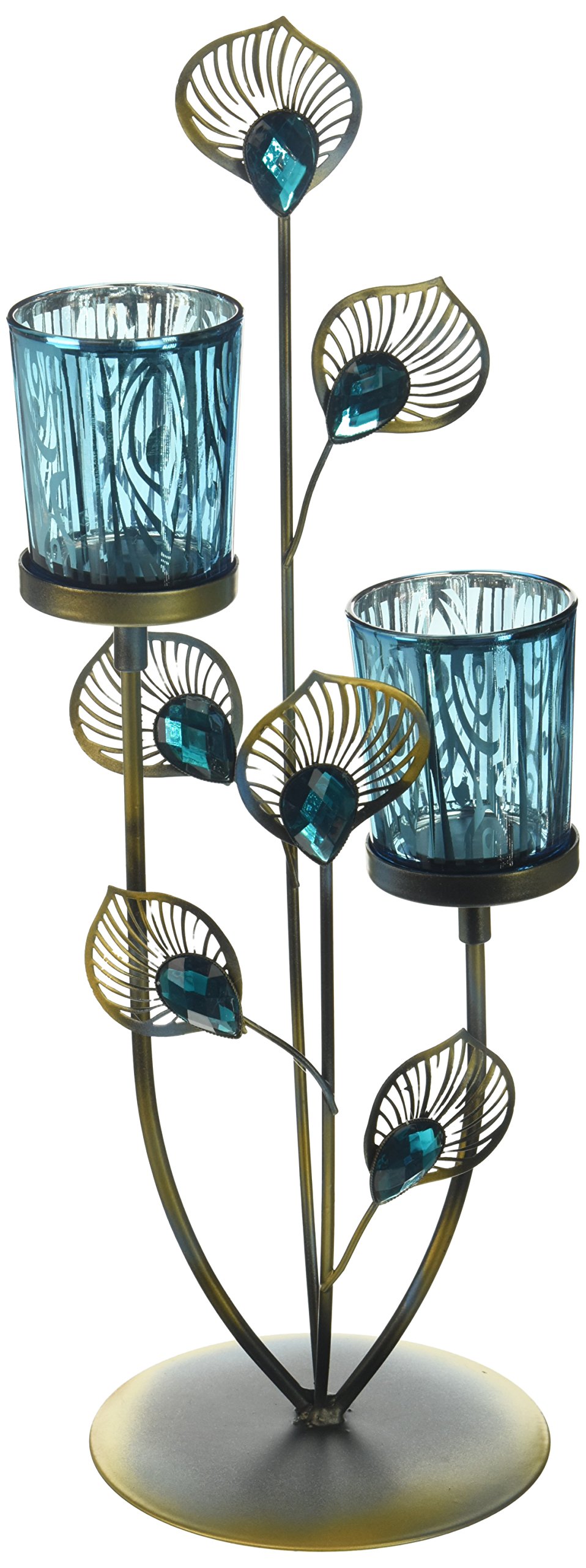 Peacock Blue & Gold Metallic Fruits Candle Holder, 2-Pack, 14" H x 4.63" D, Tabletop, Polished Finish, Home Decor