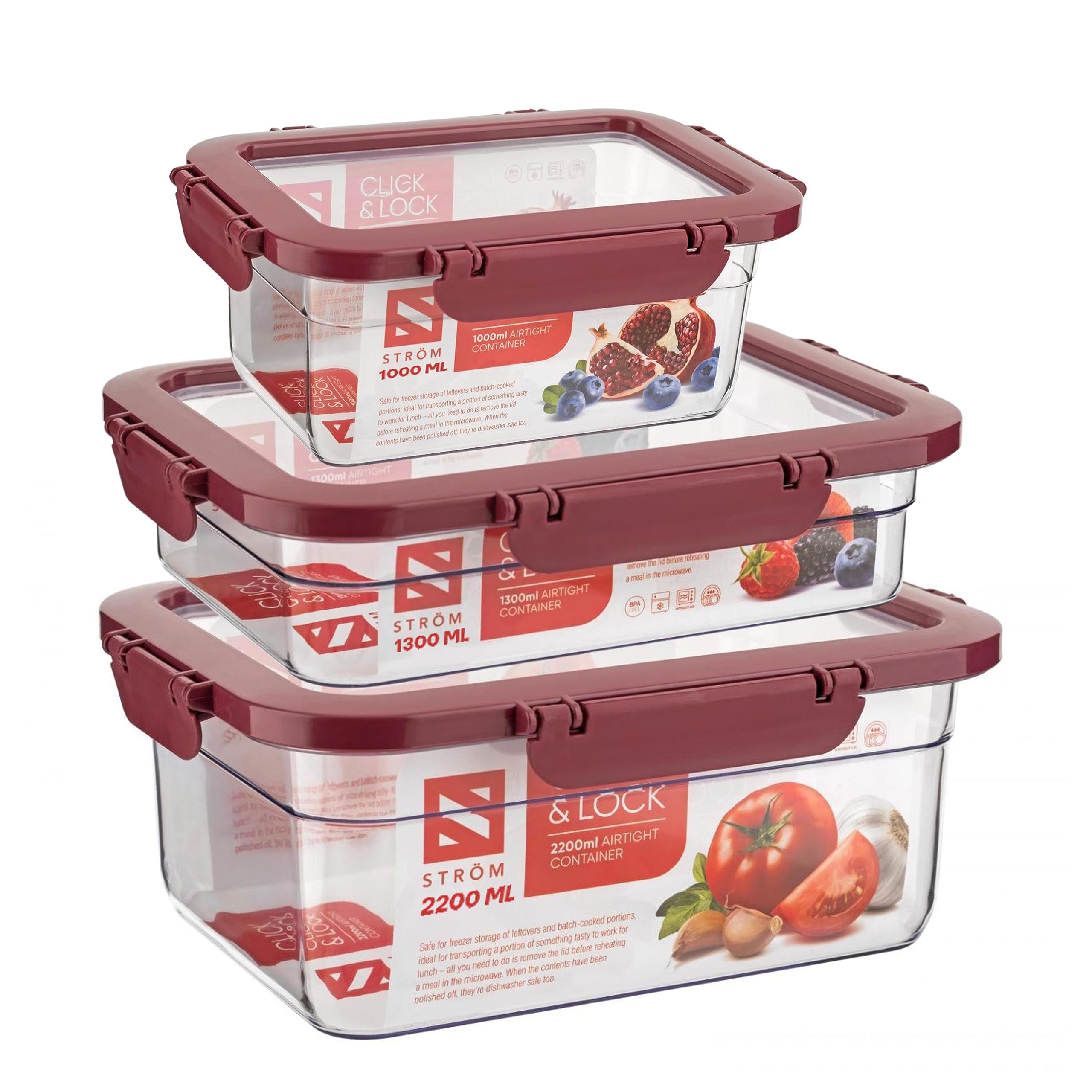 HOMESHOPA 3 Pack Red Airtight Food Storage Containers with Lid, Plastic Leak Proof Kitchen & Pantry Containers, Reusable Meal Prep Storage Box, Microwave Freezer Safe, BPA Free Food Lunch Box