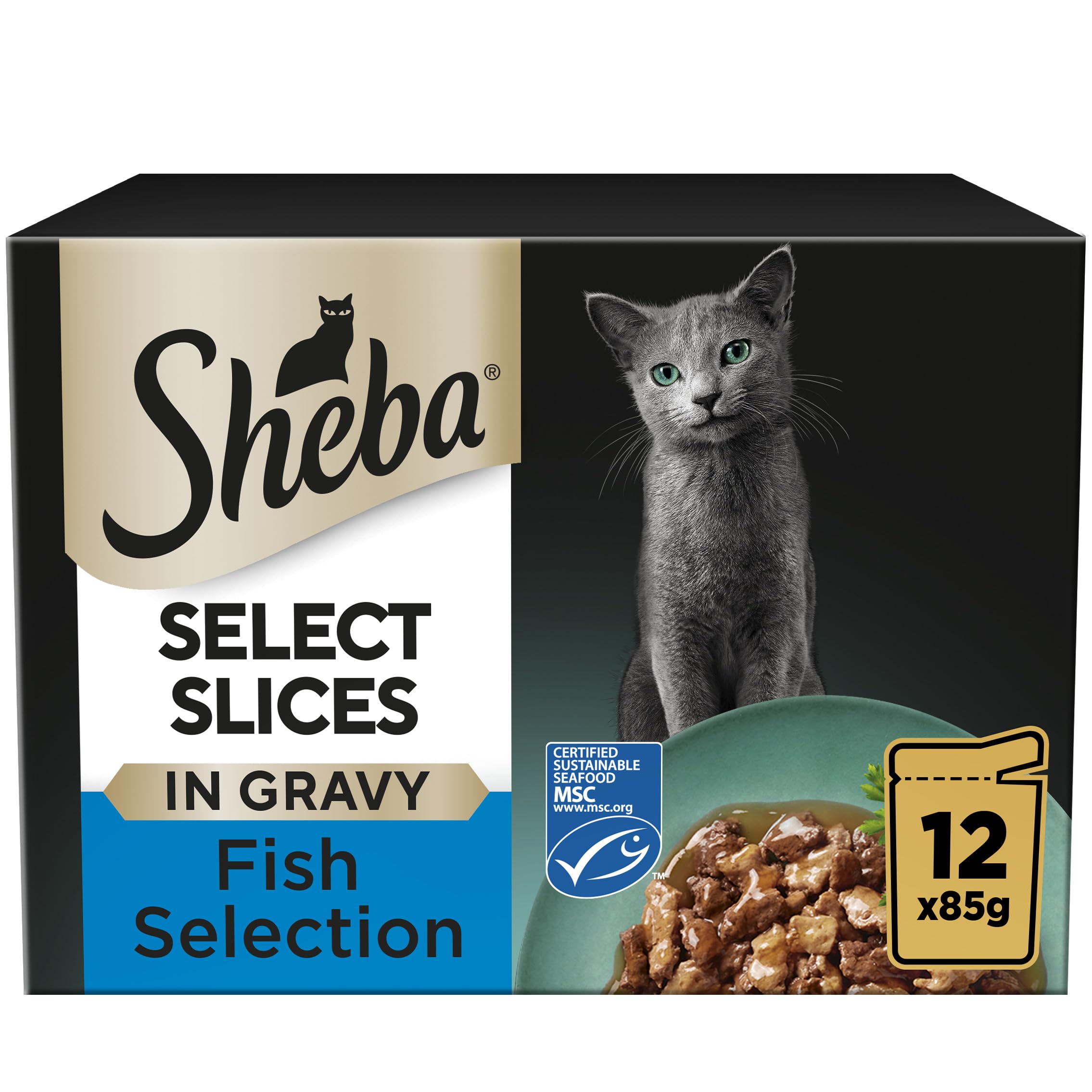 Sheba Select Slices in Gravy – Fish Collection – Wet cat food pouches for adult cats – 12 x 85g pack