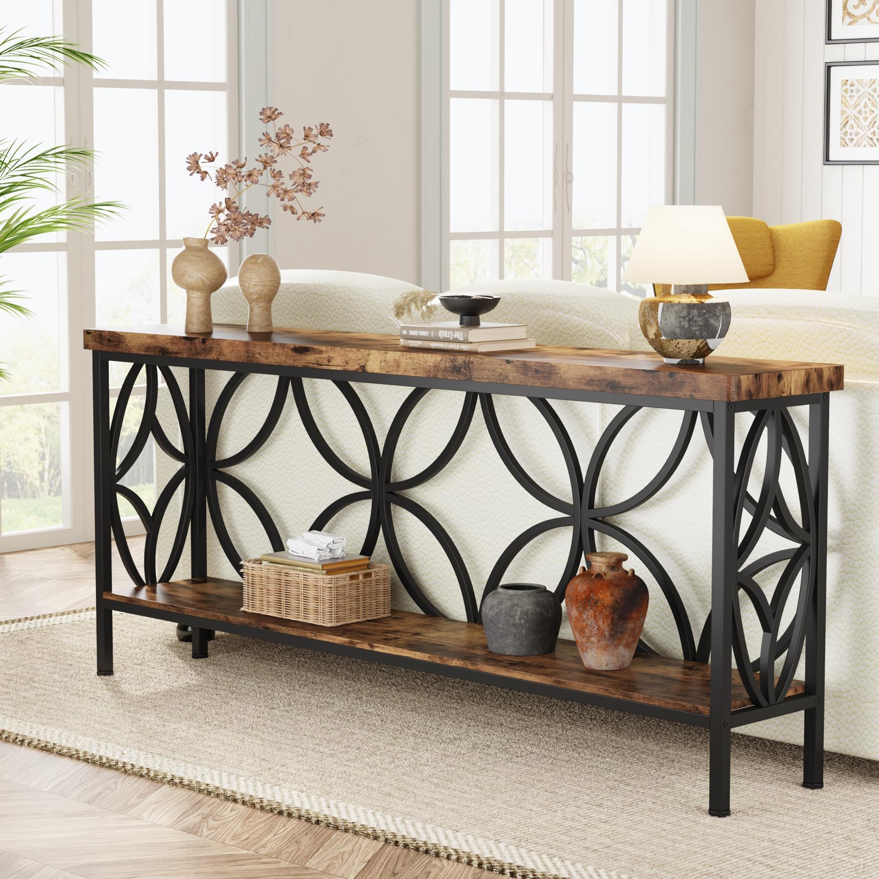 Tribesigns 70.9-Inch Narrow Sofa Table, Industrial Long Sofa Table Behind Couch, Entry Console Table with Storage for Entryway, Living Room, Foyer, Unique Design, Rustic Brown | Narrow, Industrial, Long, Entry Console Table, with Storage