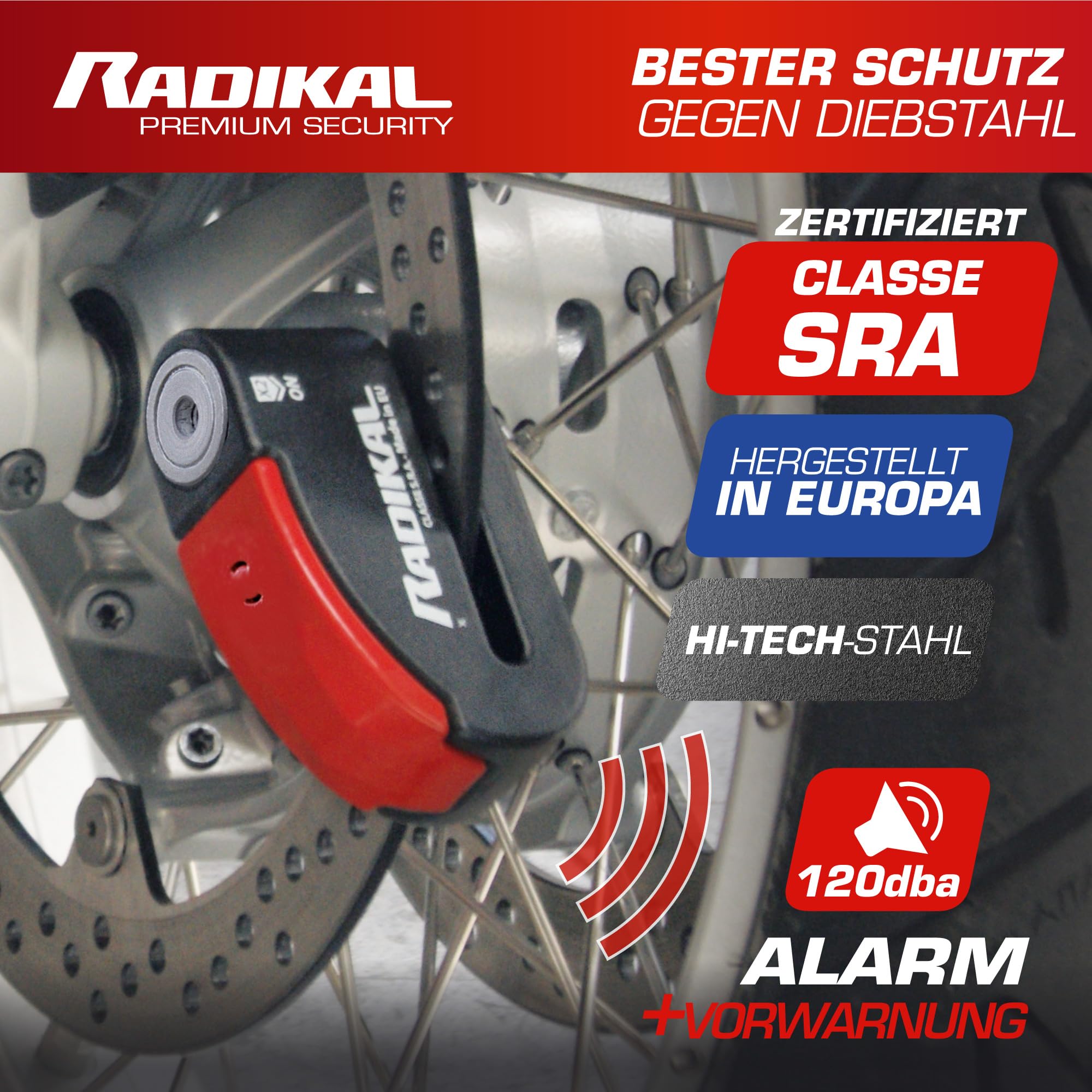 RADIKAL RK15 Bremsscheibenschloss Premium mit Alarm | Aktivierung nach Wahl, 120 dB, LED Warnung Voralarm | Motorrad Schloss SRA-zertifiziert, aus zementiertem Stahl, Doppelverriegelung Ø14, Rot