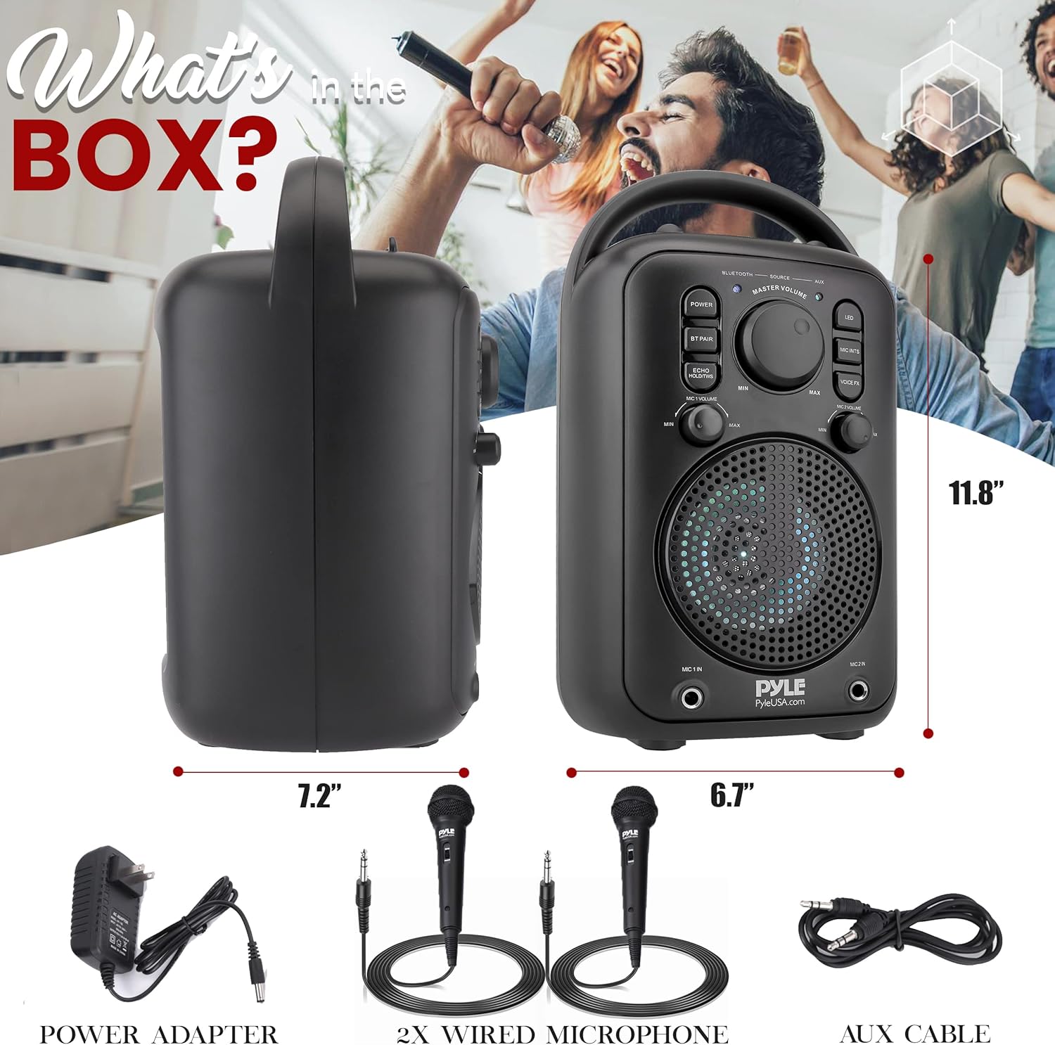 Pyle 4” Wireless BT Streaming Speaker - Portable Audio Speaker, with Two Microphones and Stand to Put Mobile Phone, 5.0 Bluetooth, Big Bass & Clear Sound, MP3, Classic Karaoke SystemP