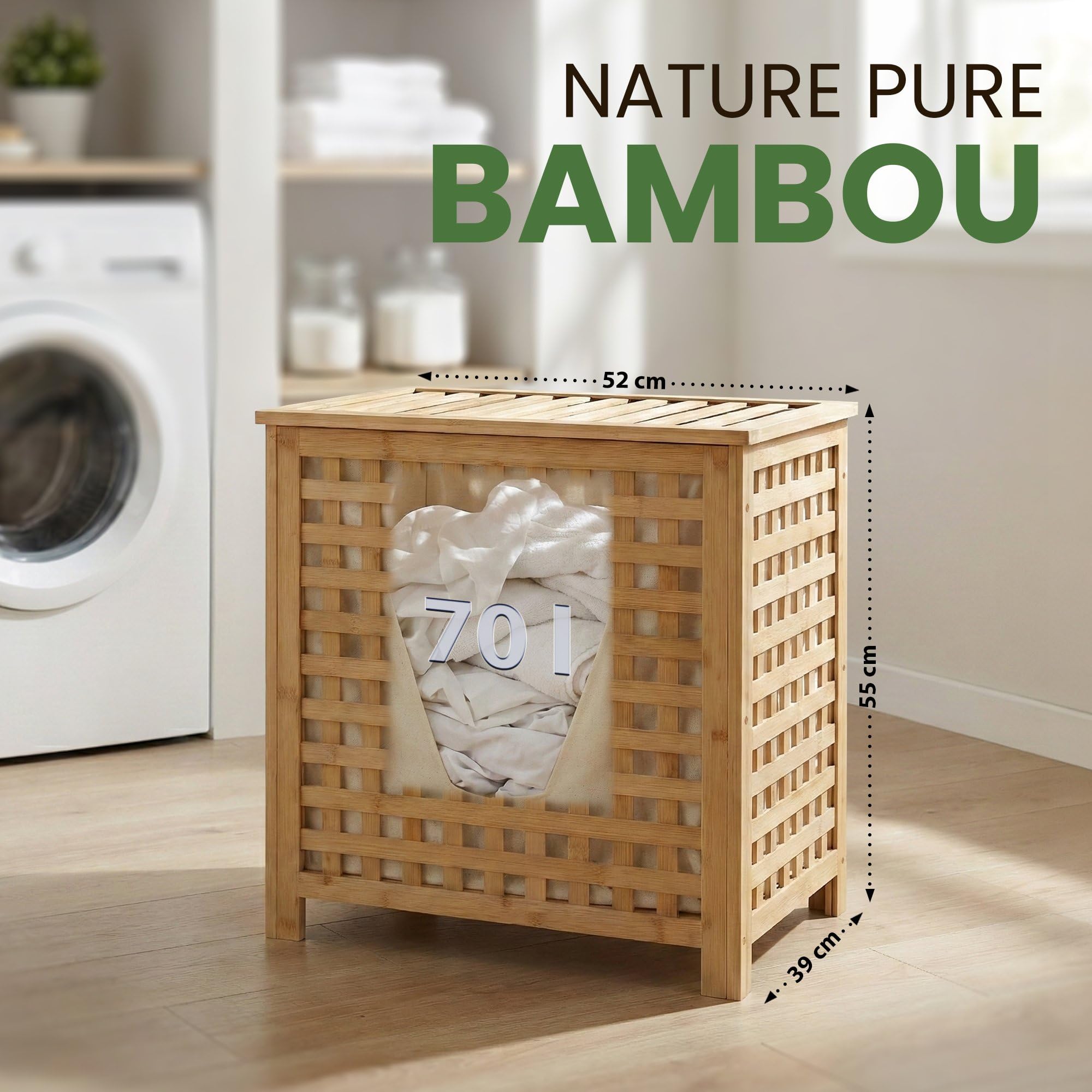 CLP Coffre à linge Ronthy pour linge sale, collecteur en bois Sac à linge 70L lavable et amovible, cadre en bambou pour salle de bain, Couleur:nature