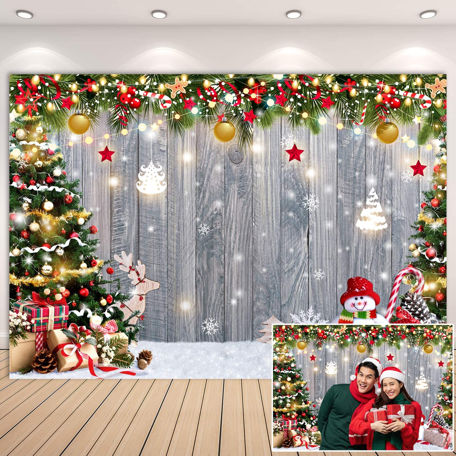 Amazon | 7 x 5フィート 素朴な木製クリスマス写真背景幕 冬の雪壁