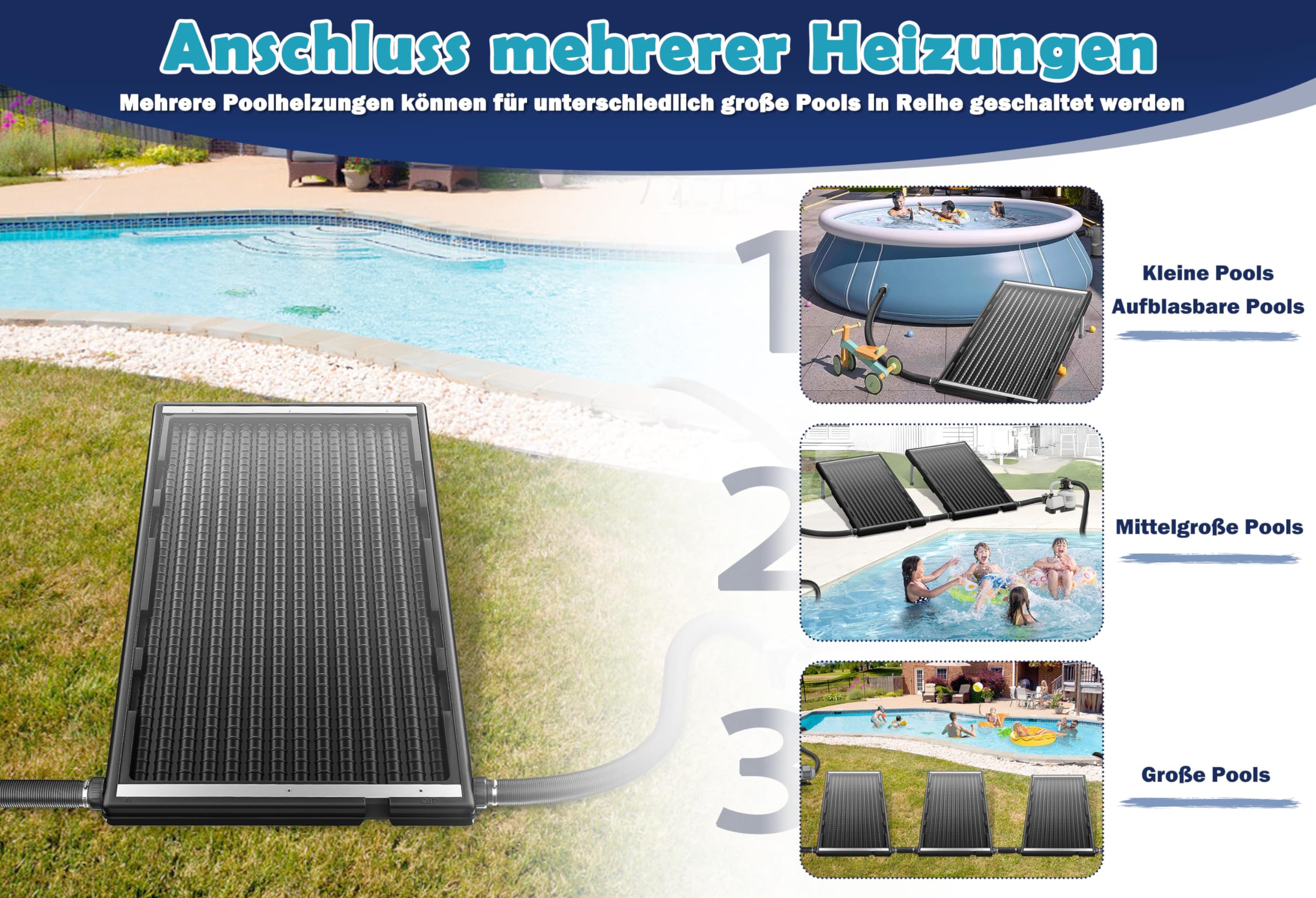 Froadp 2 unidades de calefacción solar para piscina de 111 x 66 cm, colector solar para piscina, calefacción solar, conector de panel solar de 50 mm de diámetro, panel recto, juego completo para agua