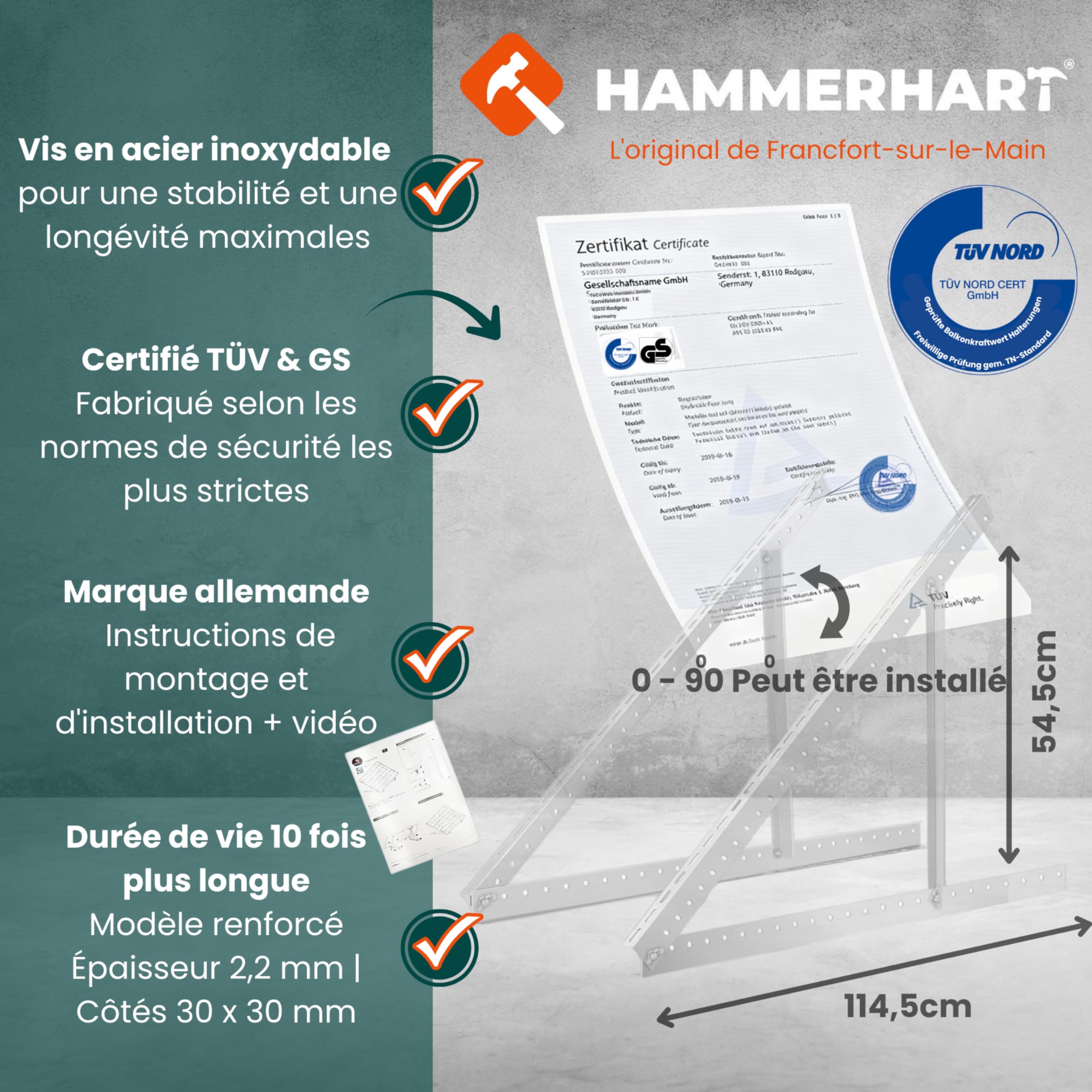 Lot de 4 supports de centrale de balcon - Support pour centrale électrique de balcon jusqu'à 114,5 cm - Réglable de 0 à 90 ° - Support de panneau solaire robuste certifié TÜV