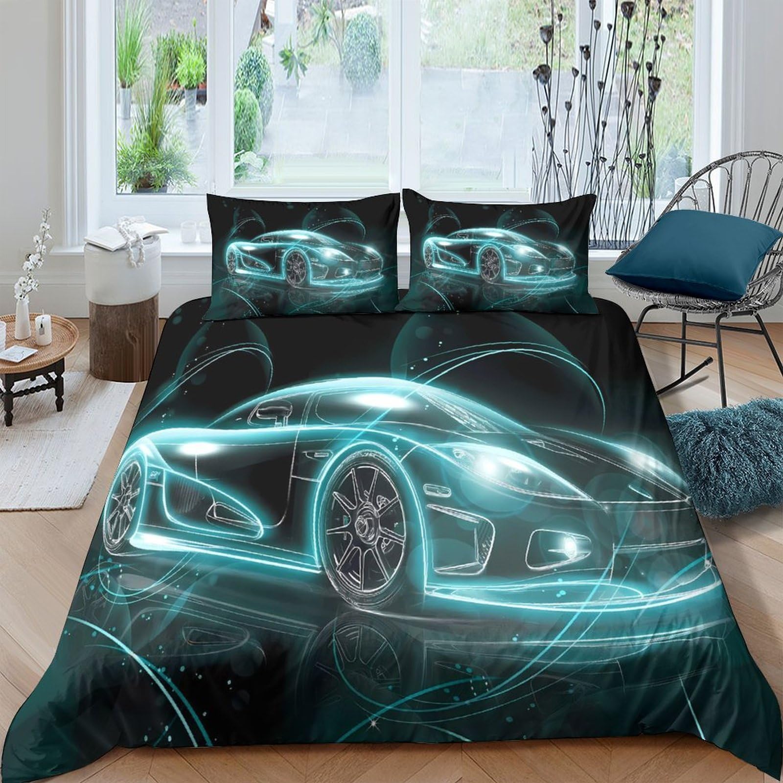 Ctjqhvkz Style-6 3D Printed Neon Sports Car Fitted Sheet Microfiber Soft Modern Blue Racing Bed Cover For Bedroom Dorm Mattress Protection Decor Single（135X200cm）
