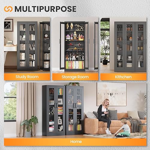 Miniatura 59 de Vitrina con cerradura con puerta de cristal, gabinetes Curio de metal de 71 pulgadas de alto con estantes ajustables, vitrina de licor blanco para