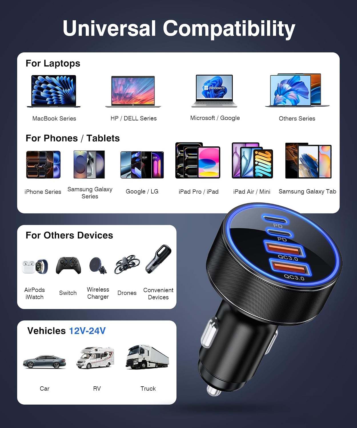 2026 Updated USB-C Car Charger, 4-in-1 90W USB-C & USB-A Car Accessories, Includes a 1-Meter USB-C Cable,Fast Charging Cigarette Lighter Adapter for iPhone 17/16/15 | 2026 Updated, Includes 1-Meter USB-C Cable, Fast Charging Cigarette Lighter Adapter, iPhone 17/16/15