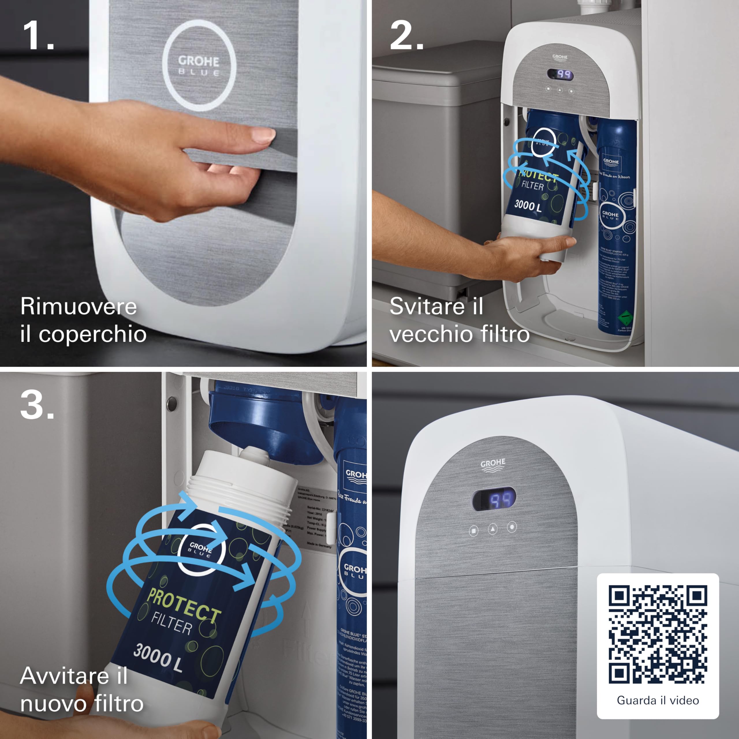 GROHE Filtro UltraSafe, Filtro di Ricambio per Sistemi GROHE Blue, per Elevare il Gusto dell'Acqua, Rimuovere il 99,999% di Batteri e il 99,5% di Piombo, Capacità Media 3000 l o 6 Mesi, 40575002