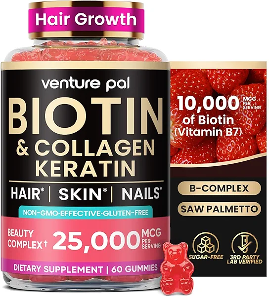 Venture Pal Biotin Gummies with Collagen & Keratin - Hair Growth Support Skin and Nail Strength Vitamins for Women & Men - Biotin 10000mcg | B-Complex | Saw Palmetto - Sugar Free, Non-GMO, 60ct