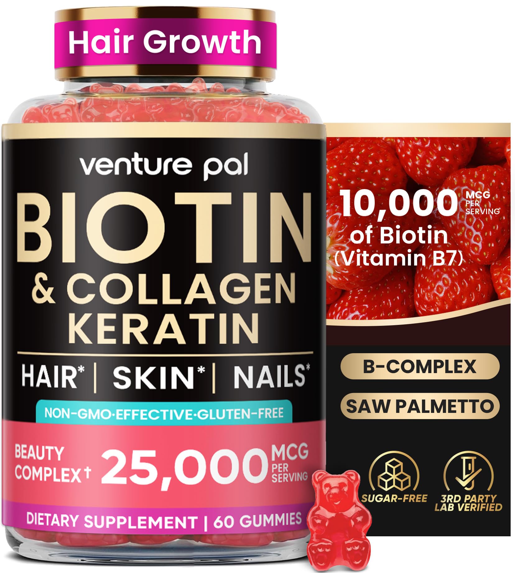 Venture Pal Biotin Gummies with Collagen & Keratin - Hair Growth Support Skin and Nail Strength Vitamins for Women & Men - Biotin 10000mcg | B-Complex | Saw Palmetto - Sugar Free, Non-GMO, 60ct