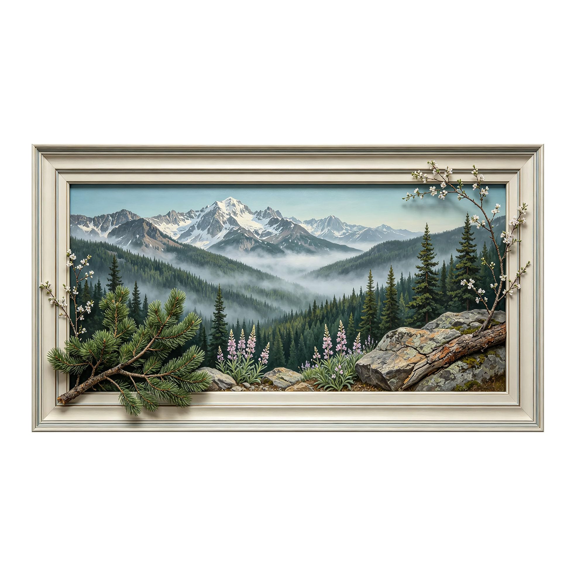 Yzpallescene 3D Framed Wall Art 50cm×100cm Snowy Mountain Alpine Forest Panoramic Impressionist Oil Painting Large Size SelfAdhesive Removable Wall Decor Prints Artwork for Living Room Bedroom Office