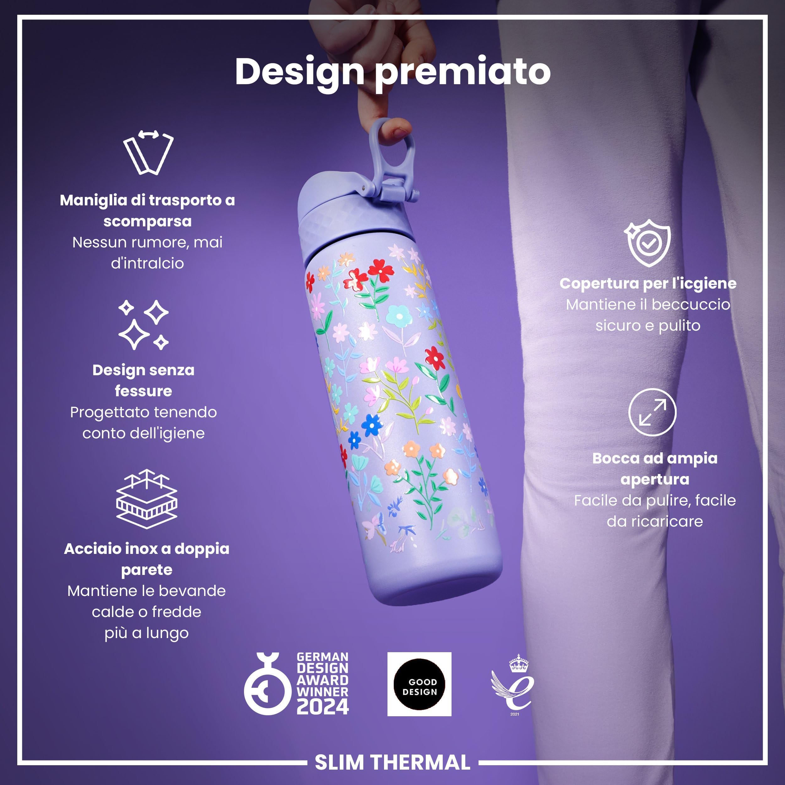 Ion8 Borraccia Termica in Acciaio Isolato, 500ml, a Prova di Perdite, Facile da Aprire, Serratura Sicura, Lavabile in Lavastoviglie, Maniglia per il Trasporto, Facile Pulizia,Floreale Delicato