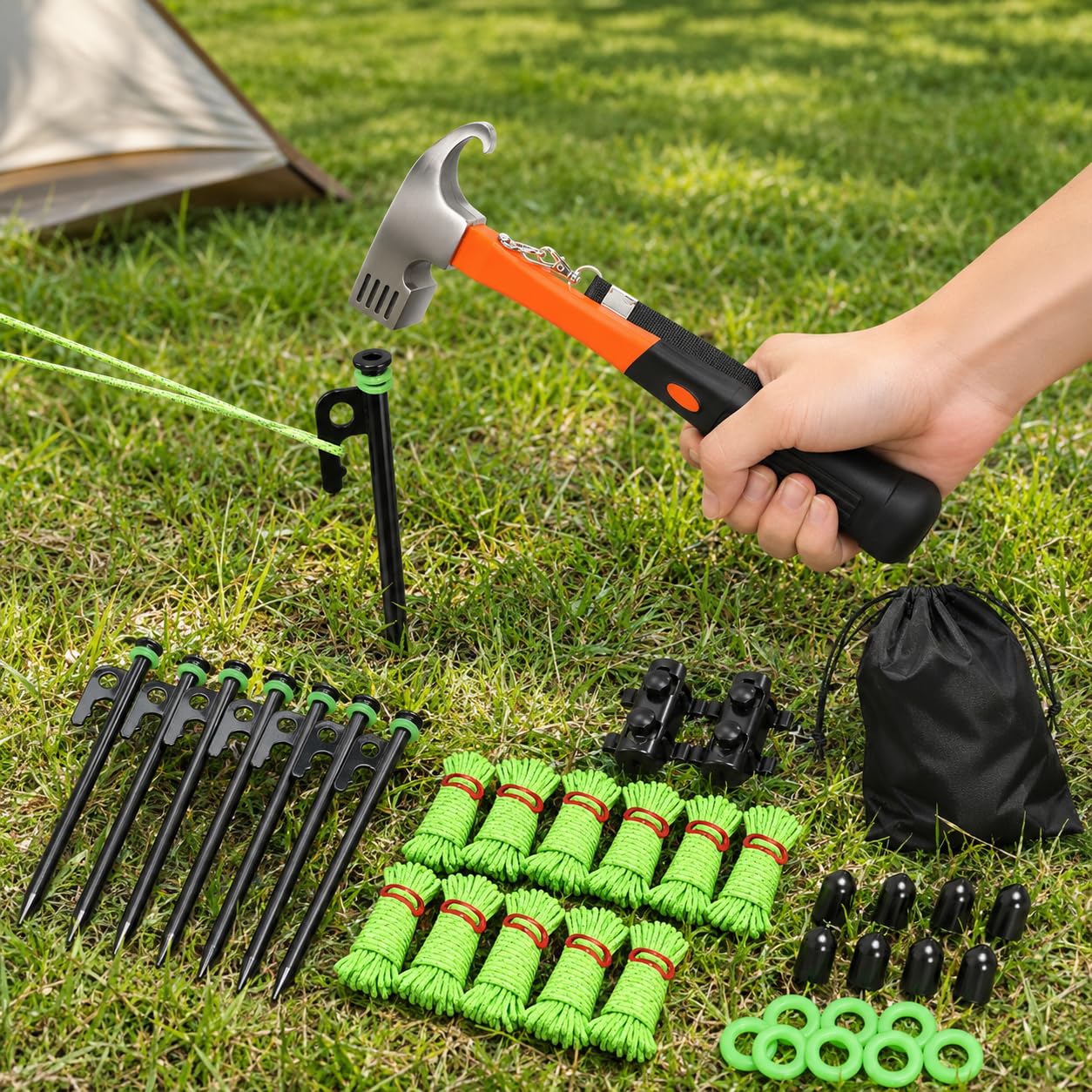 Robustes 21-teiliges Zeltzubehör-Set mit 20 cm Erdnägeln aus hochfestem Metall, windfest für Camping & Outdoor, reflektierende Abspannseile