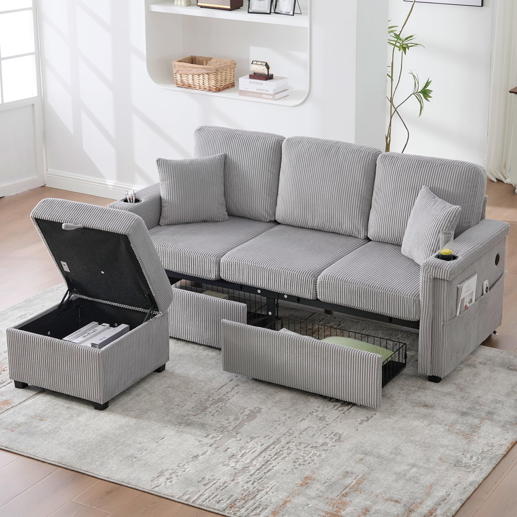 Sofá de 3 plazas, sofá en forma de L con función de dormir, iluminación LED y puerto USB-C, incluye espacio de almacenamiento, reposapiés, bolsillos laterales para salón, dormitorio, 194